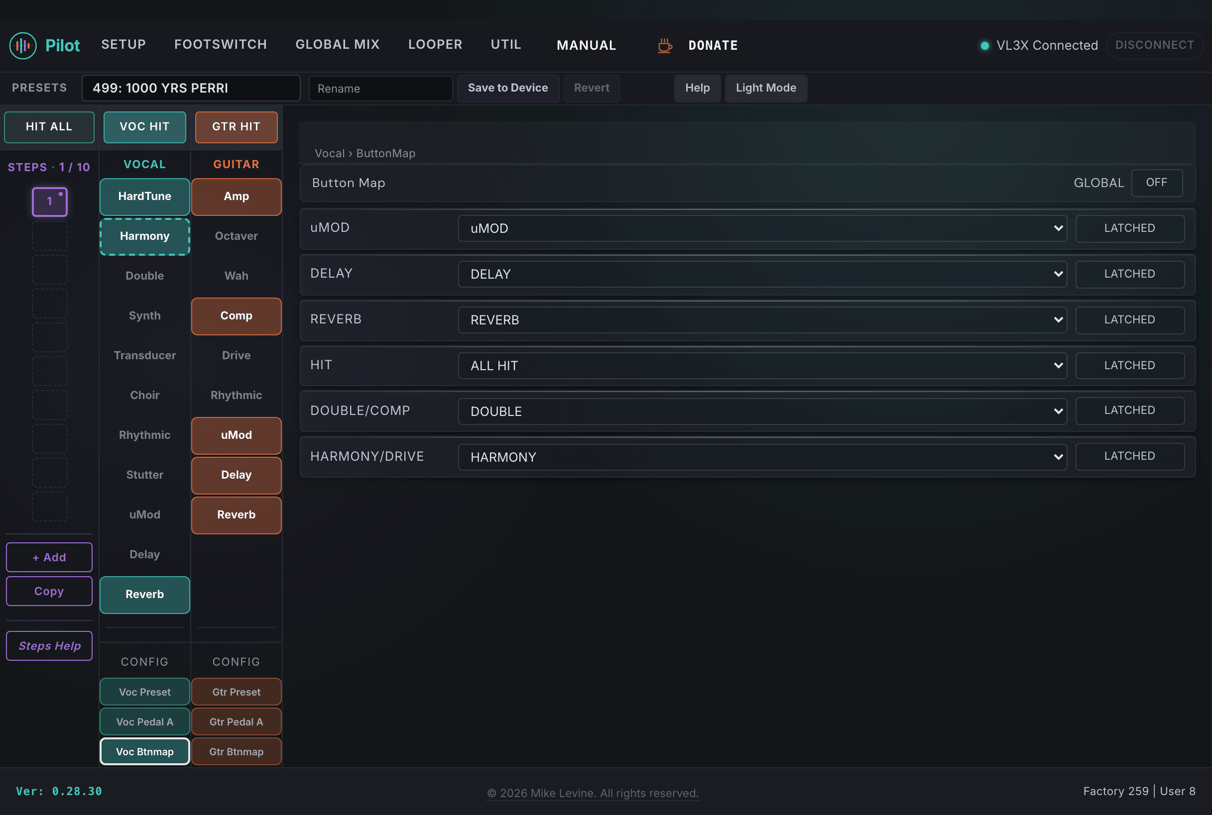 Pilot ButtonMap view showing six button function assignments with corresponding mode toggles