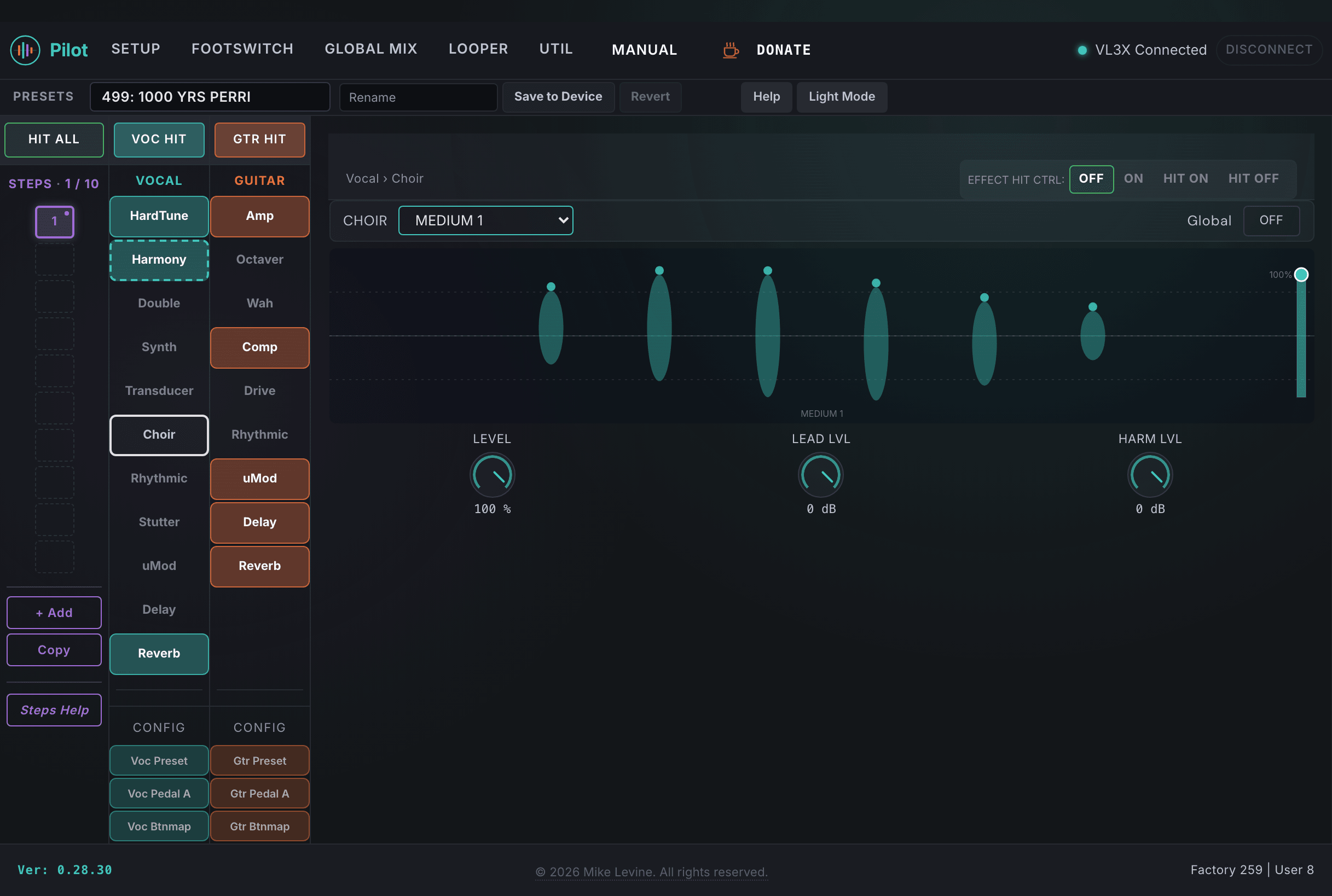 Pilot Choir view showing type, level, and send controls