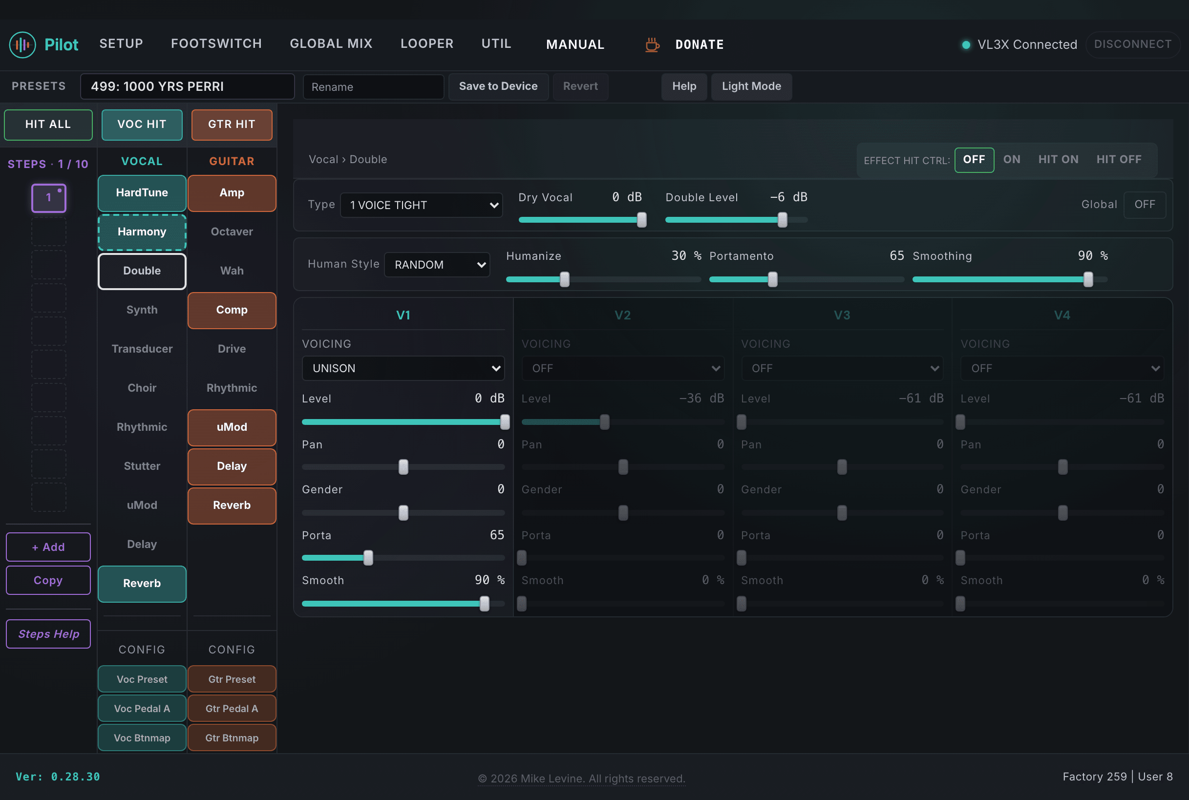 Pilot Double view showing type, humanize, and per-voice controls for four voices