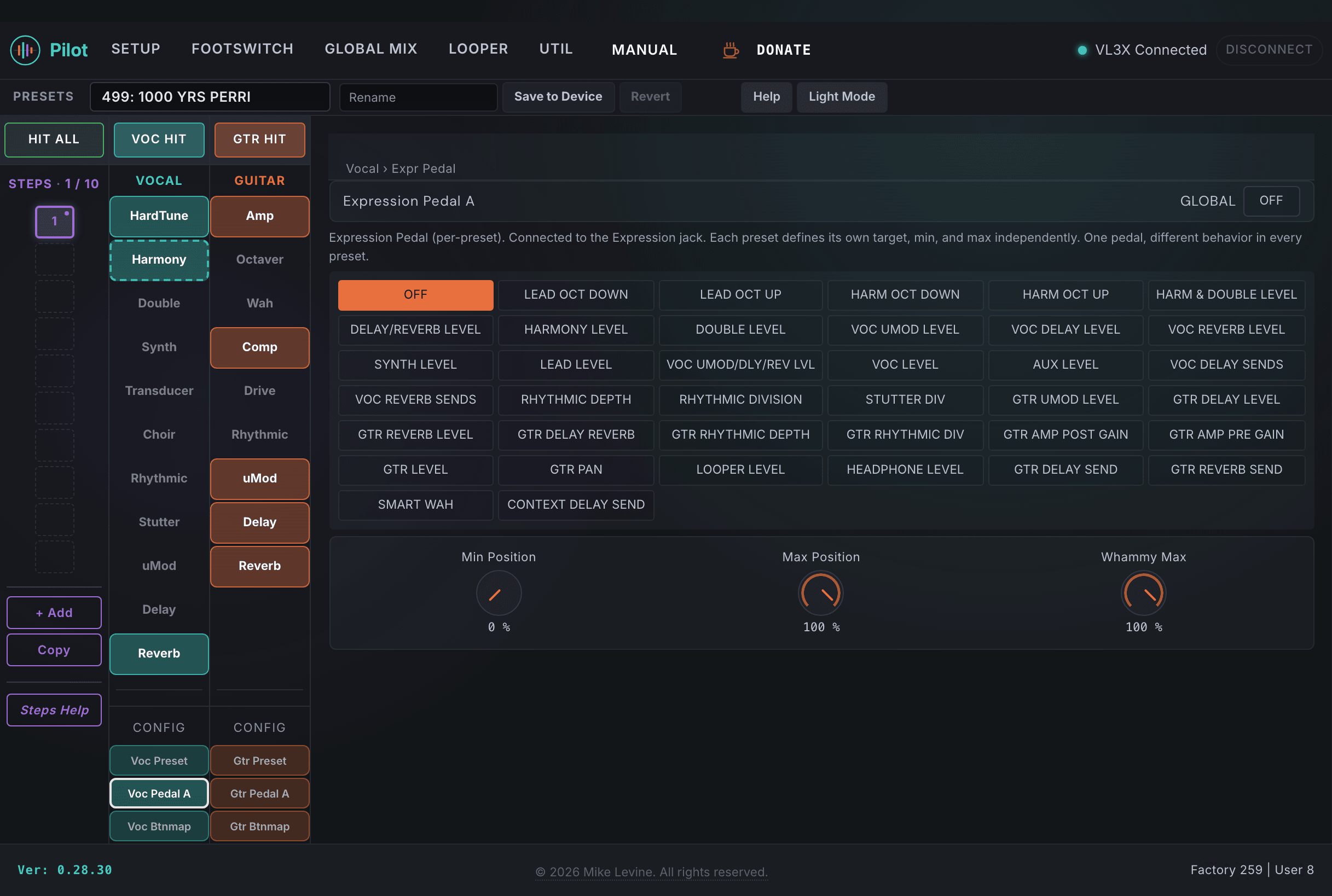 Pilot Expression Pedal view showing function assignment, min position, max position, and global toggle