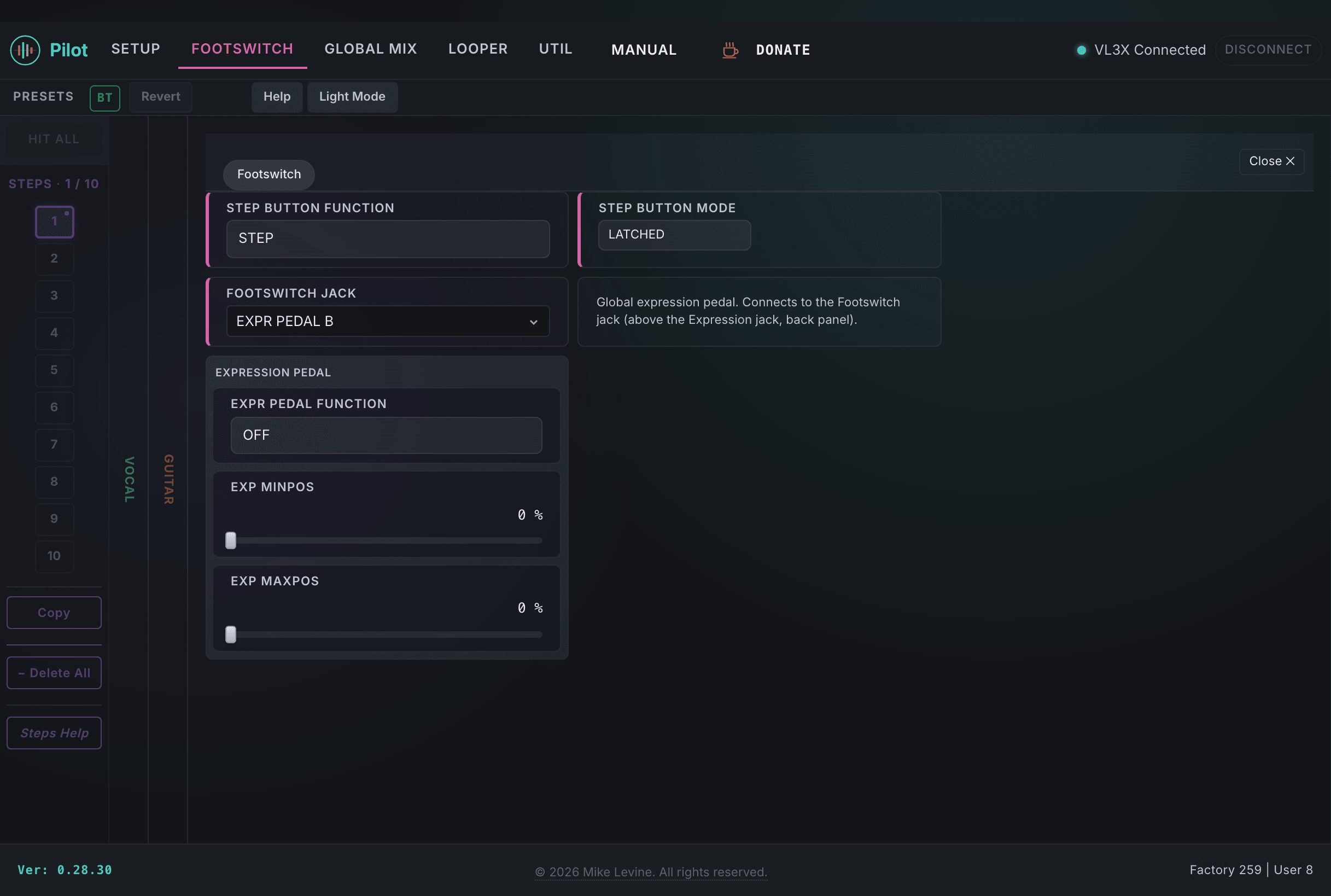 Pilot Footswitch view showing step button function, footswitch jack assignment, expression pedal mode, and switch function assignments for Switch 1 through 6