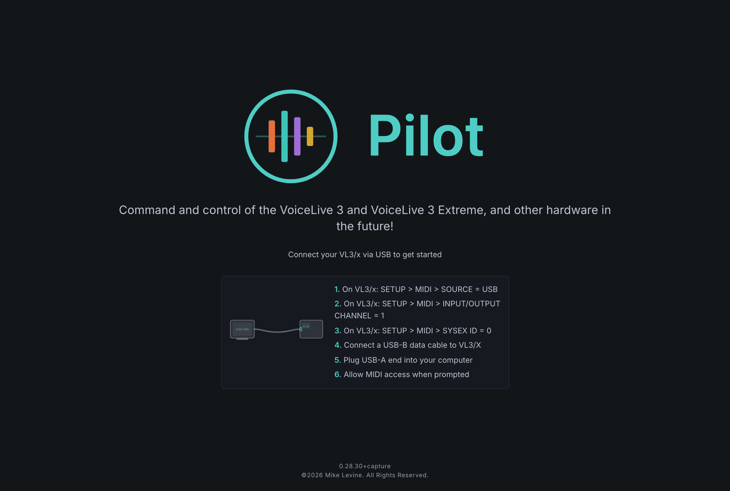 Pilot landing page showing USB connection diagram and scan progress
