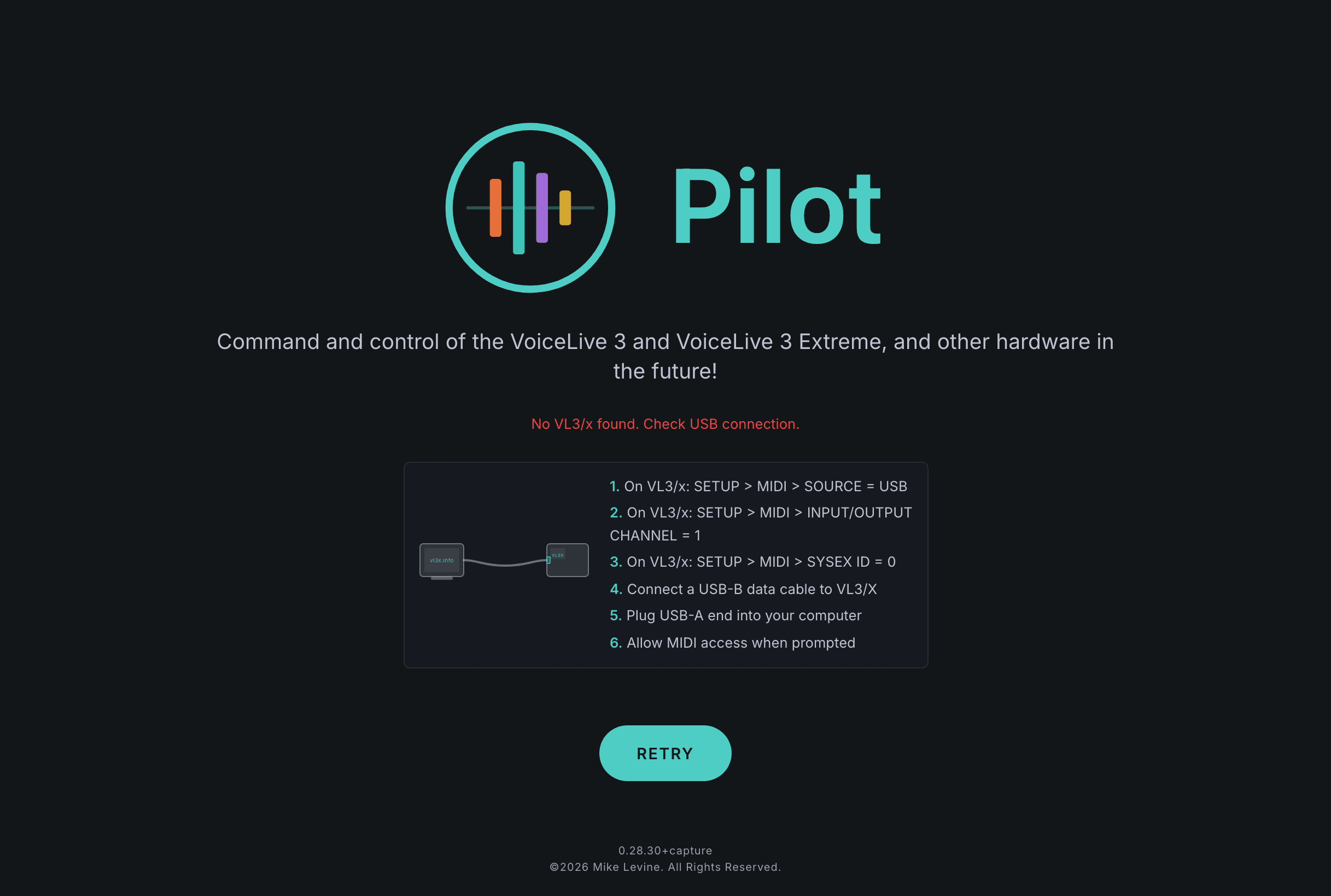 Pilot landing page showing No VL3/x found message with connection steps