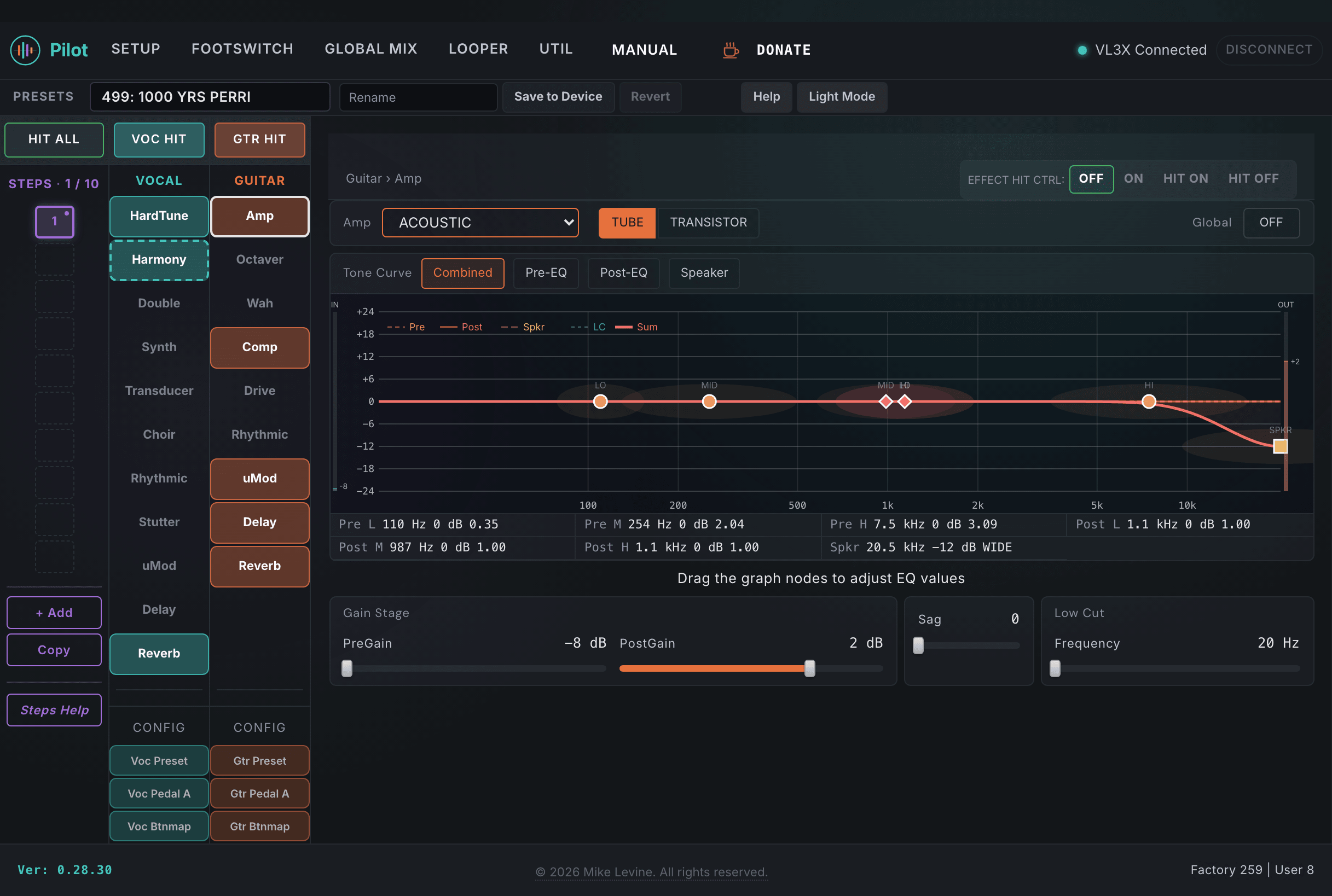 Pilot Guitar Amp view showing amp type selector, gain controls, mode toggle, and interactive EQ canvas