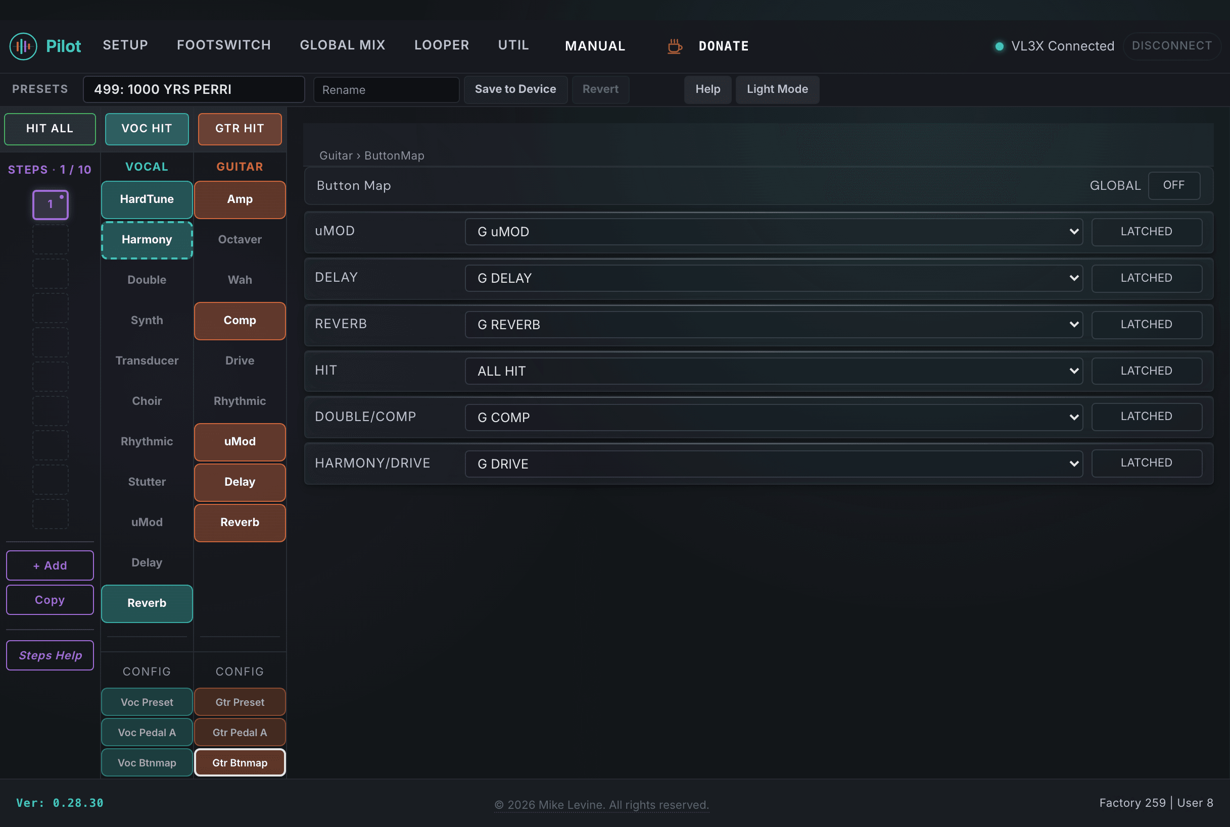 Pilot Guitar ButtonMap view showing vocal button assignments and guitar-specific mode parameters