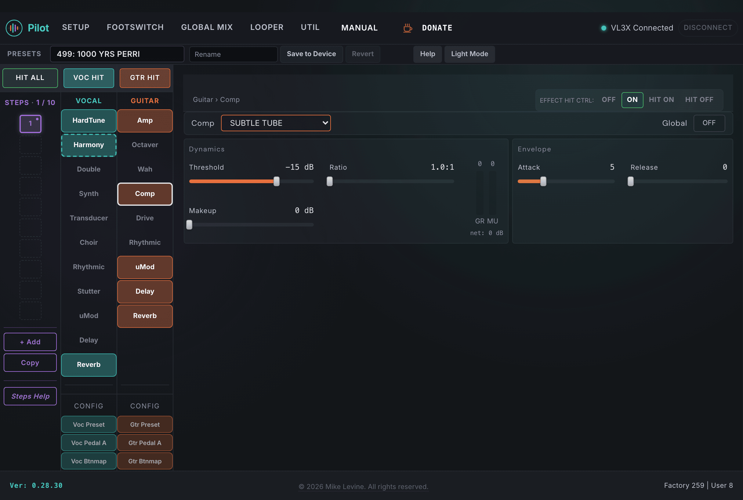 Pilot Guitar Comp view showing type, ratio, threshold, attack, release, and makeup gain