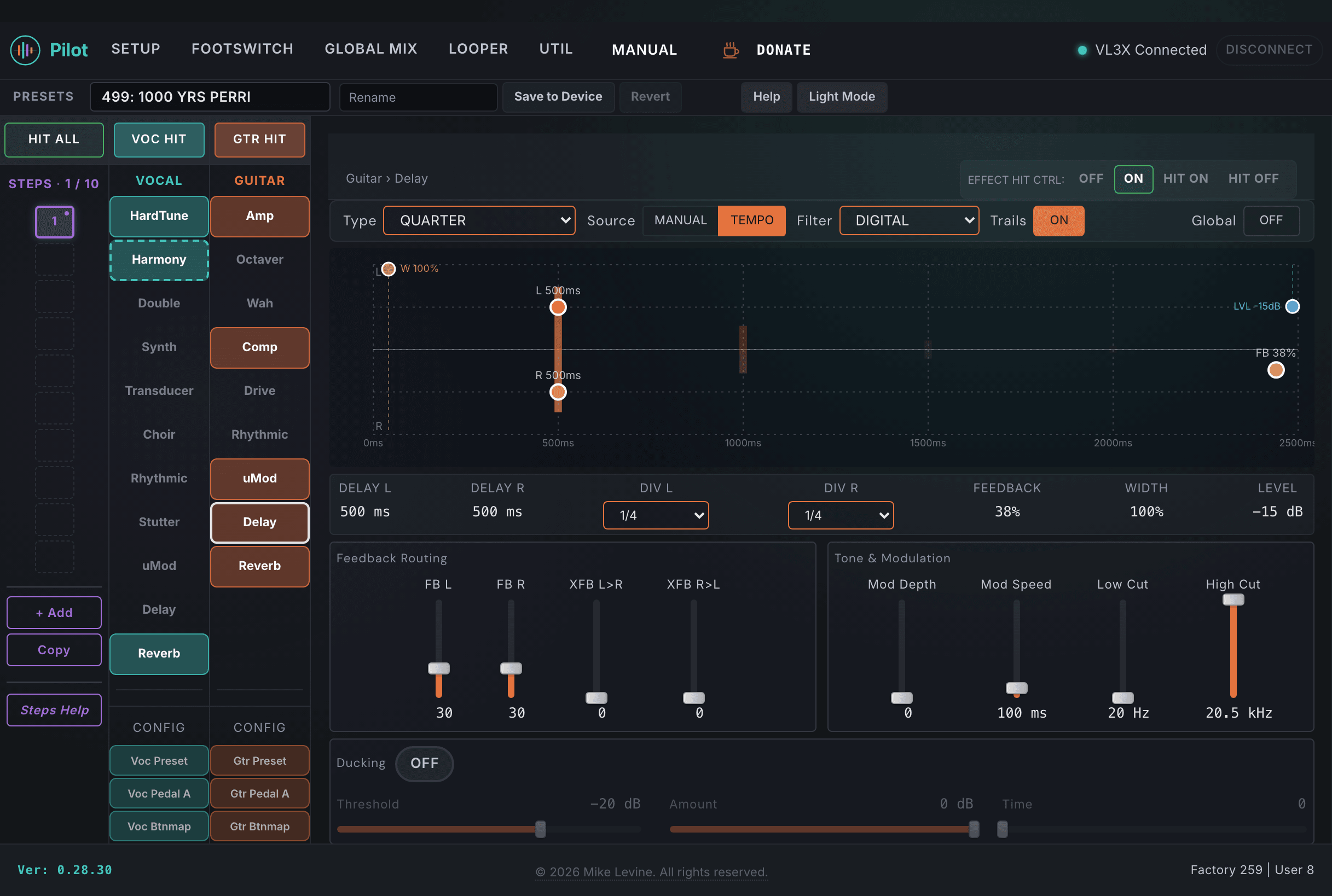 Pilot Guitar Delay view showing type, source, delay times, feedback, cross-feedback, filter, ducking, and output controls