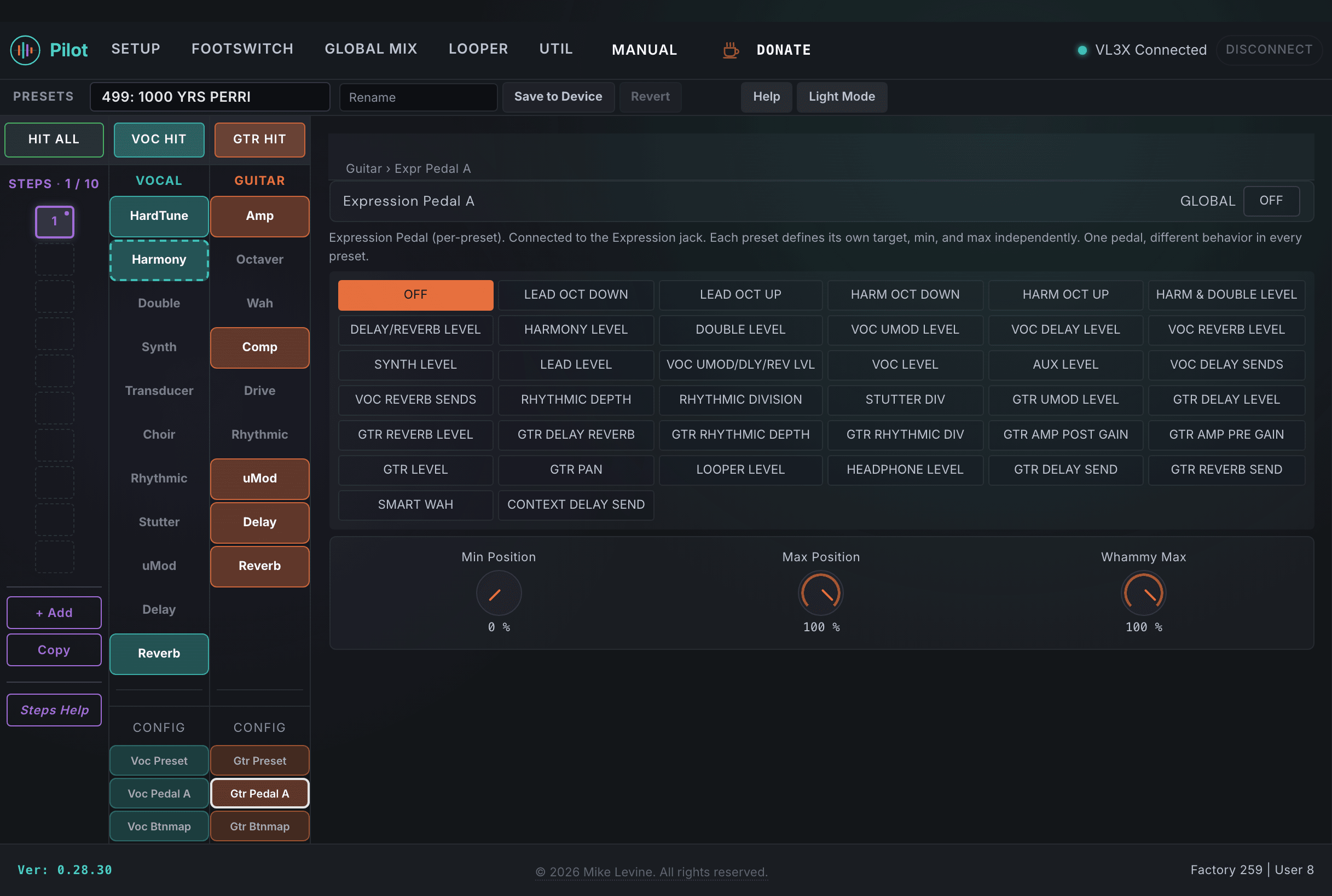 Pilot Guitar Expression Pedal A view showing function assignment, min position, max position, and global toggle