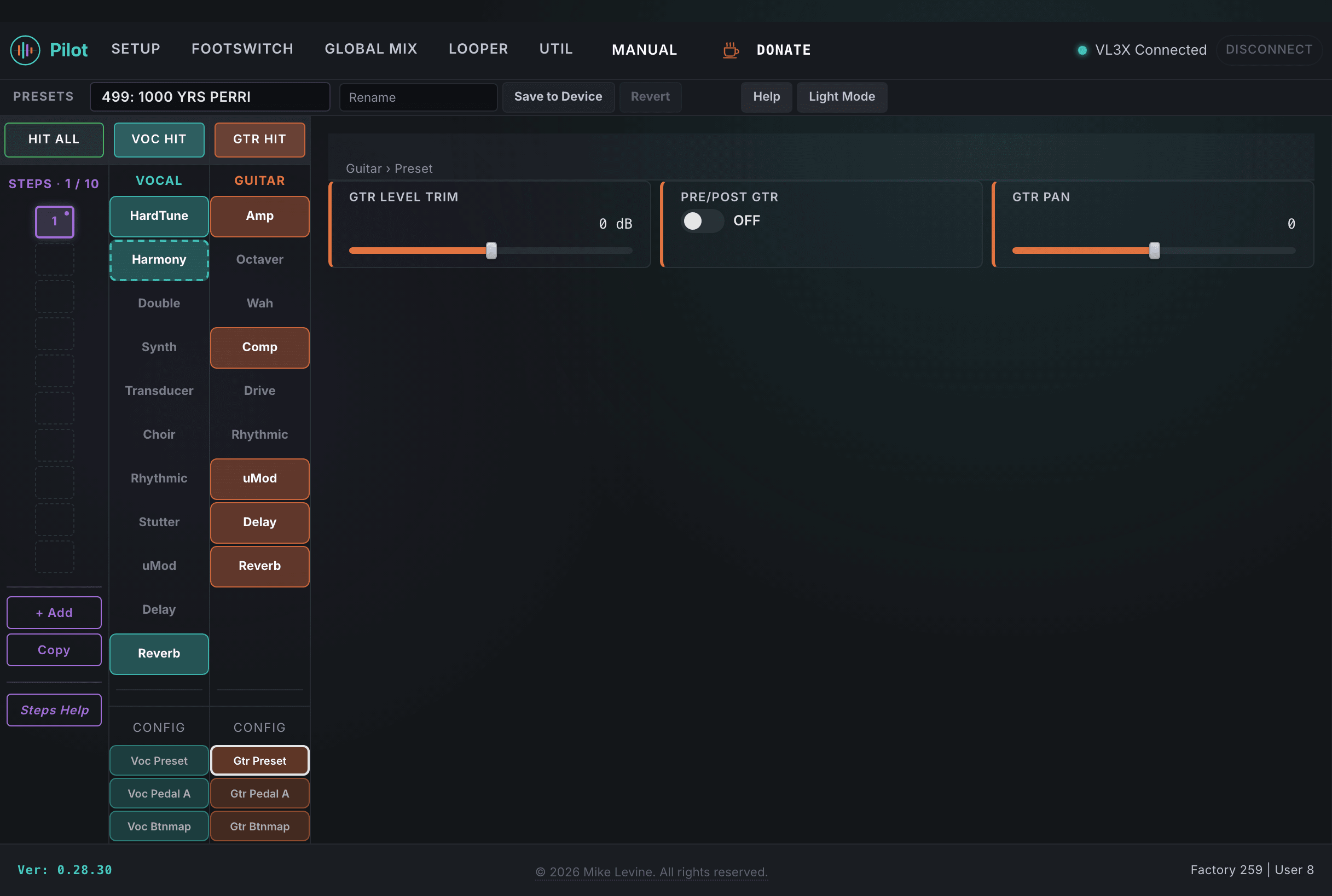 Pilot Guitar Preset view showing GTR Level Trim and GTR Pan controls