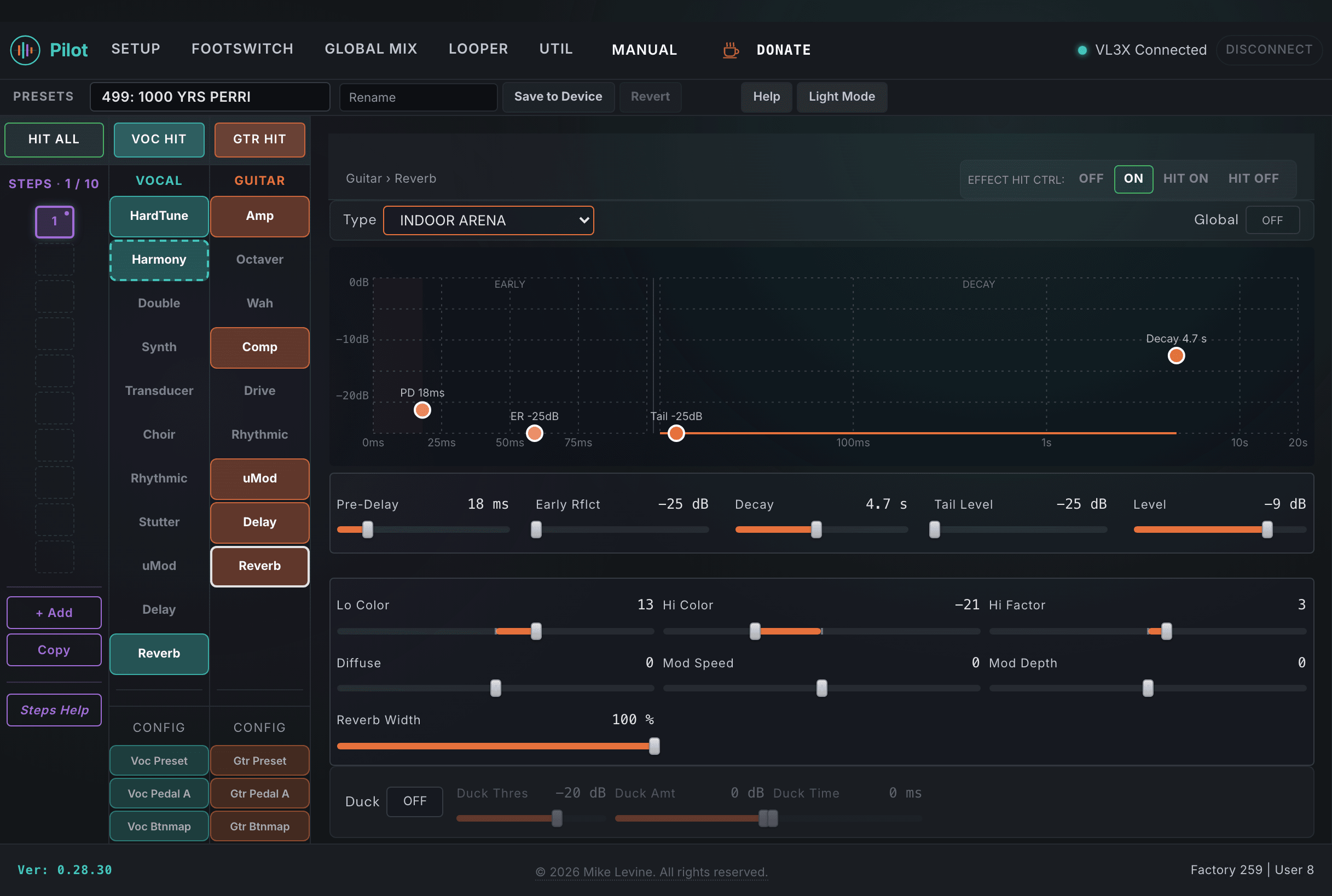 Pilot Guitar Reverb view showing type, category, decay, level, predelay, color, diffuse, modulation, and ducking controls
