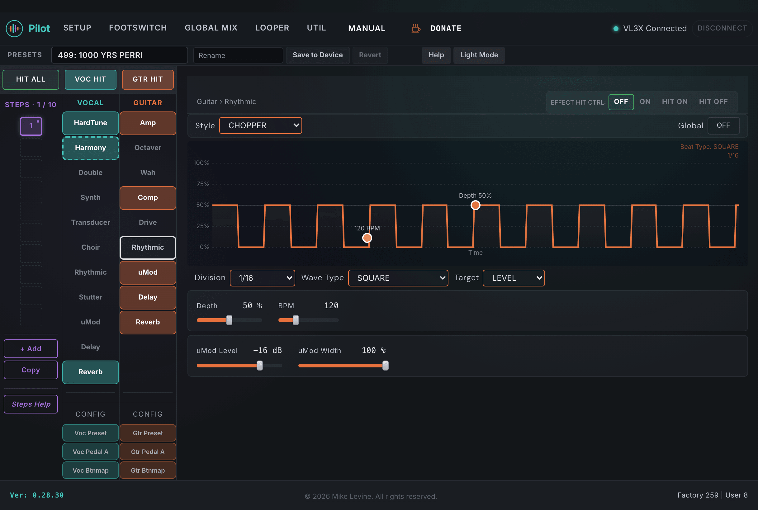 Pilot Guitar Rhythmic view showing type, division, depth, target, BPM, and waveform controls with pattern visualization