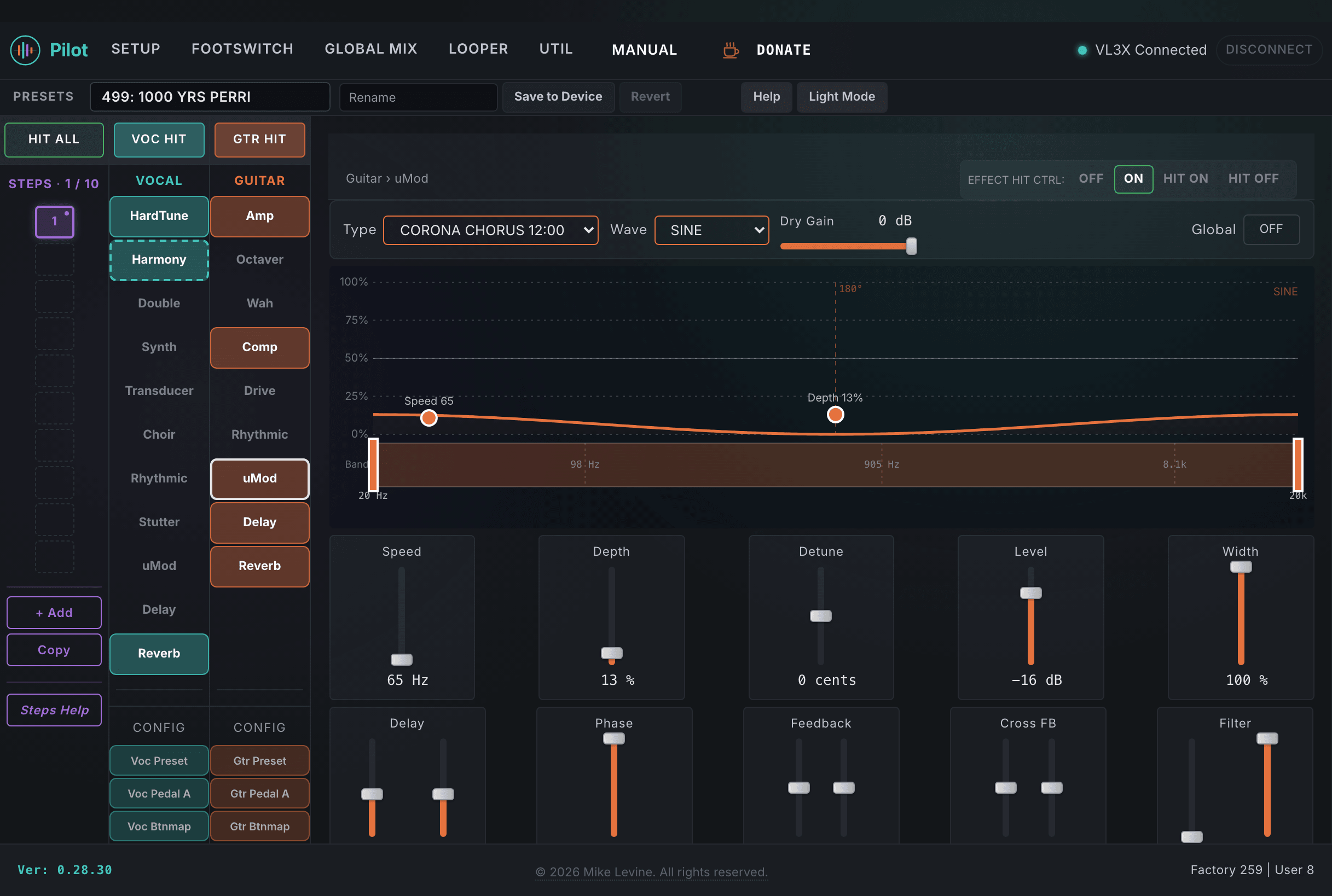 Pilot Guitar uMod view showing type, speed, detune, depth, LFO wave, delay times, feedback, cross-feedback, and output controls