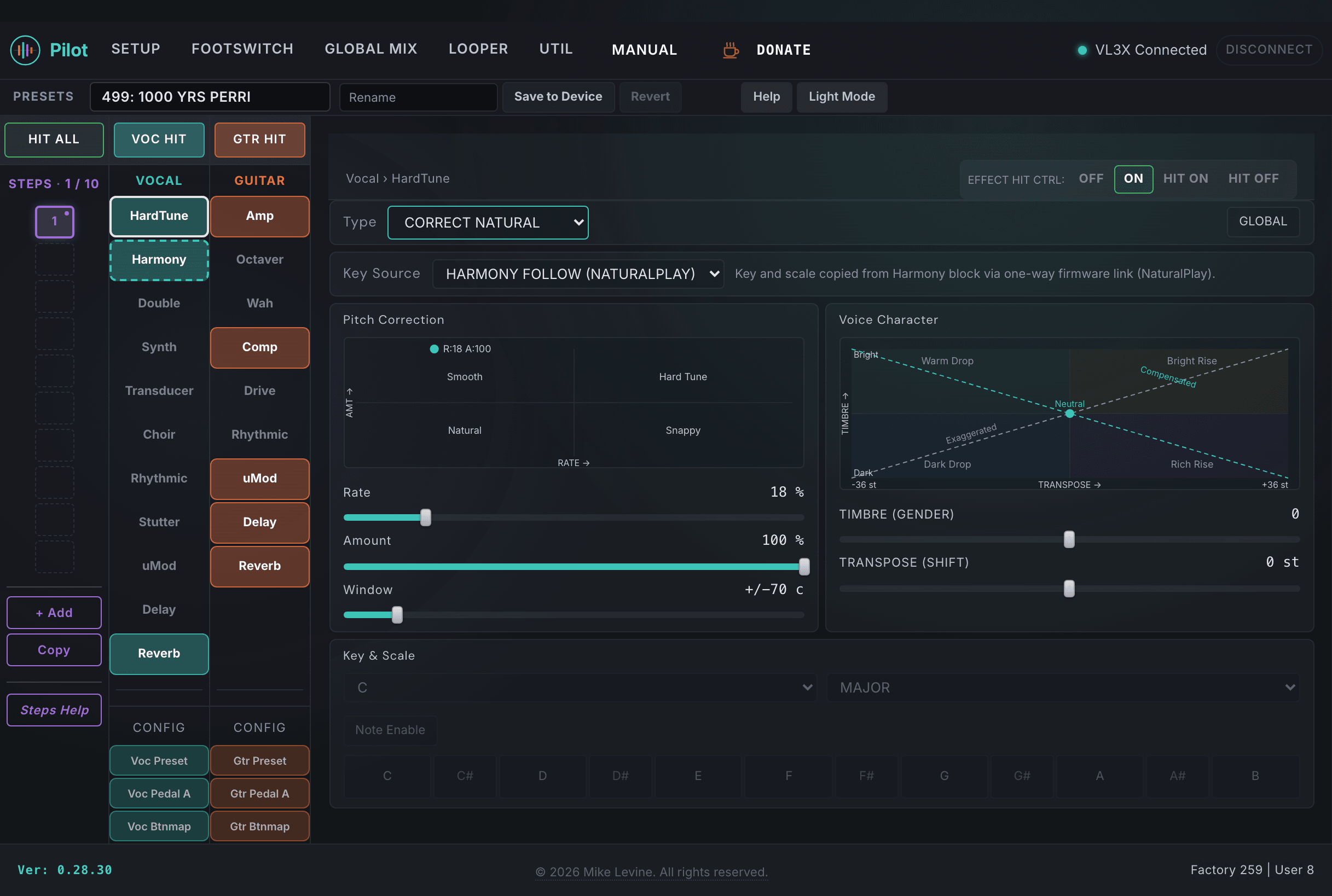 Pilot HardTune view showing style, key source, amount, window, rate, shift, and gender controls