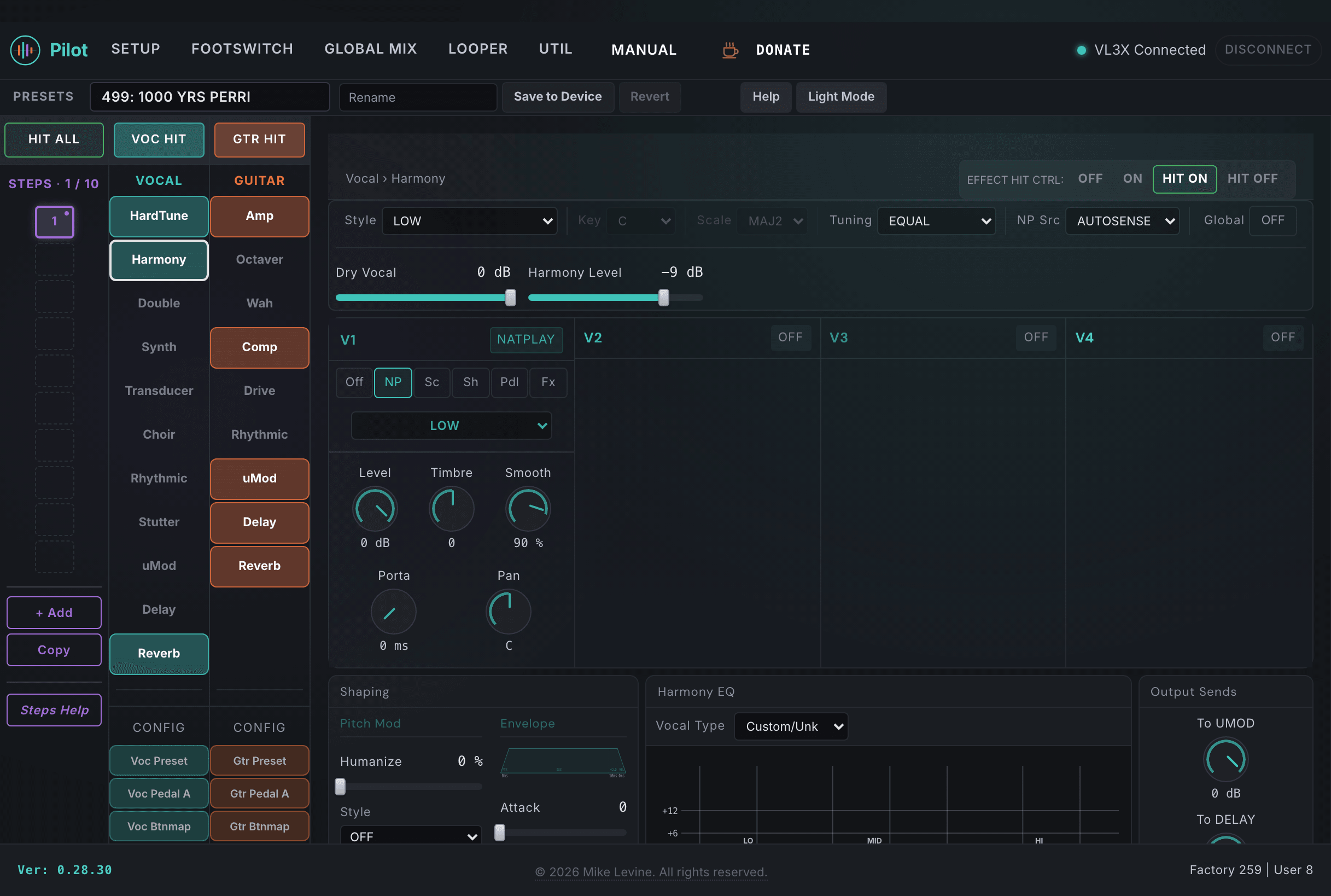 Pilot Harmony view showing the envelope SVG, per-voice controls, EQ canvas, and level/pan section