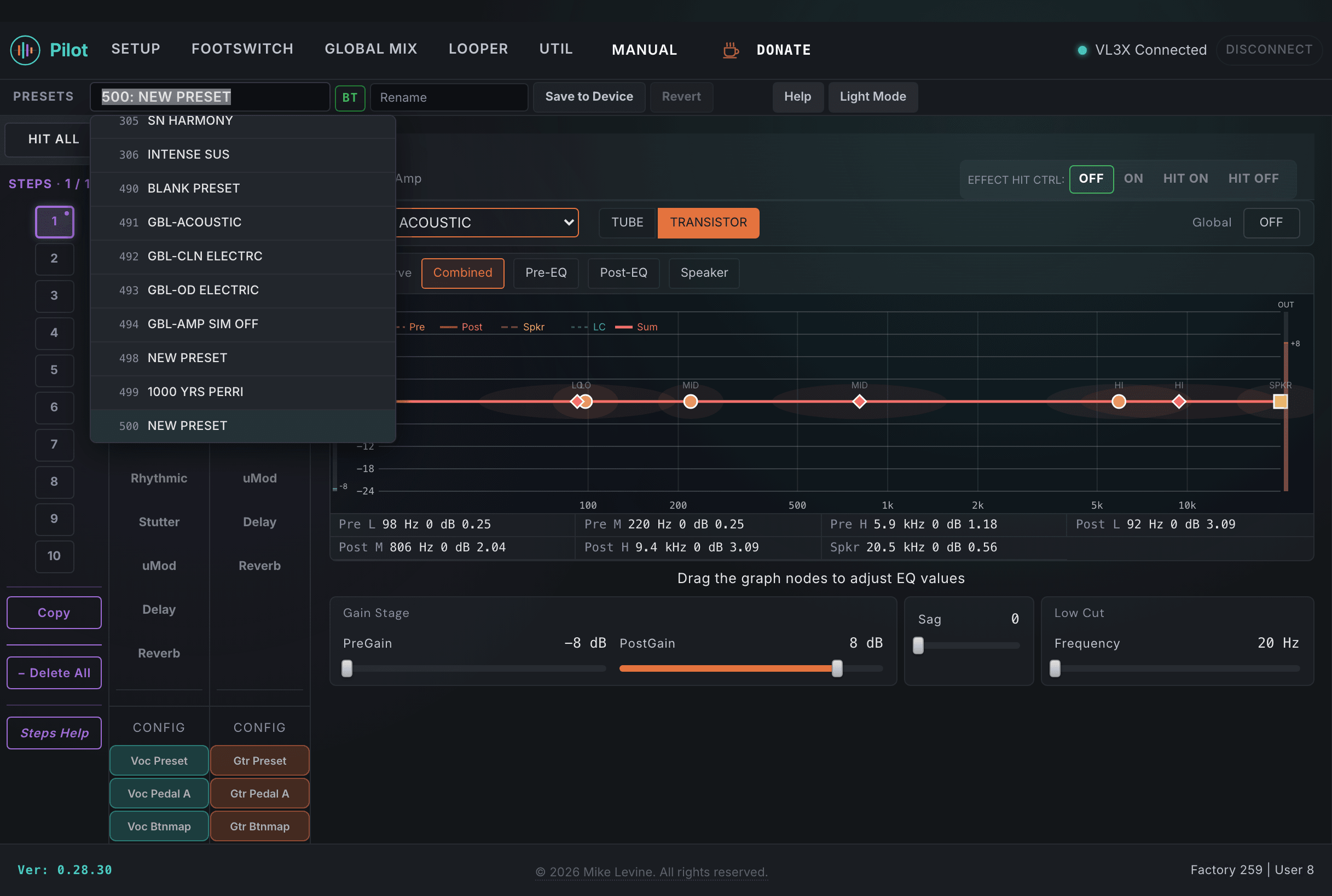 Pilot preset bar showing search field with filter results, slot navigation, and Save/Load/Export buttons