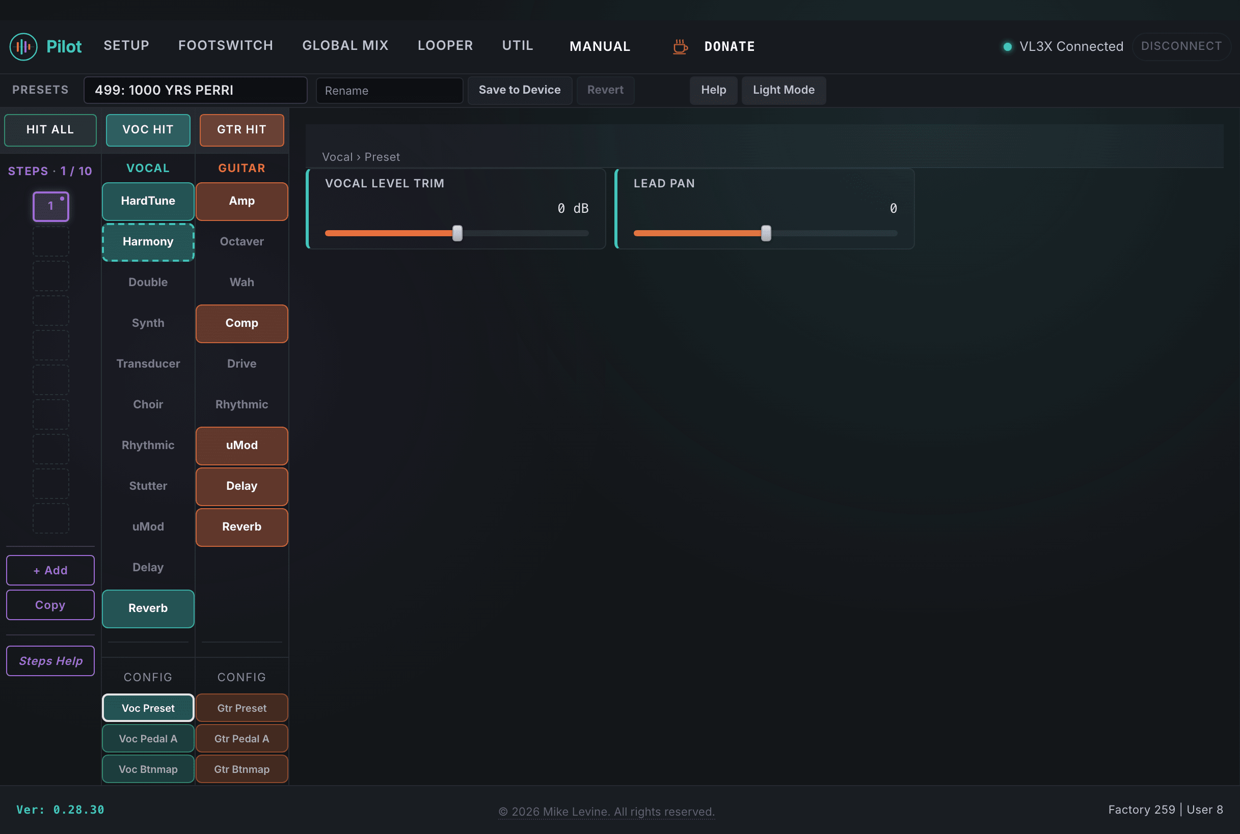 Pilot Preset view showing Vocal Level Trim and Lead Pan controls