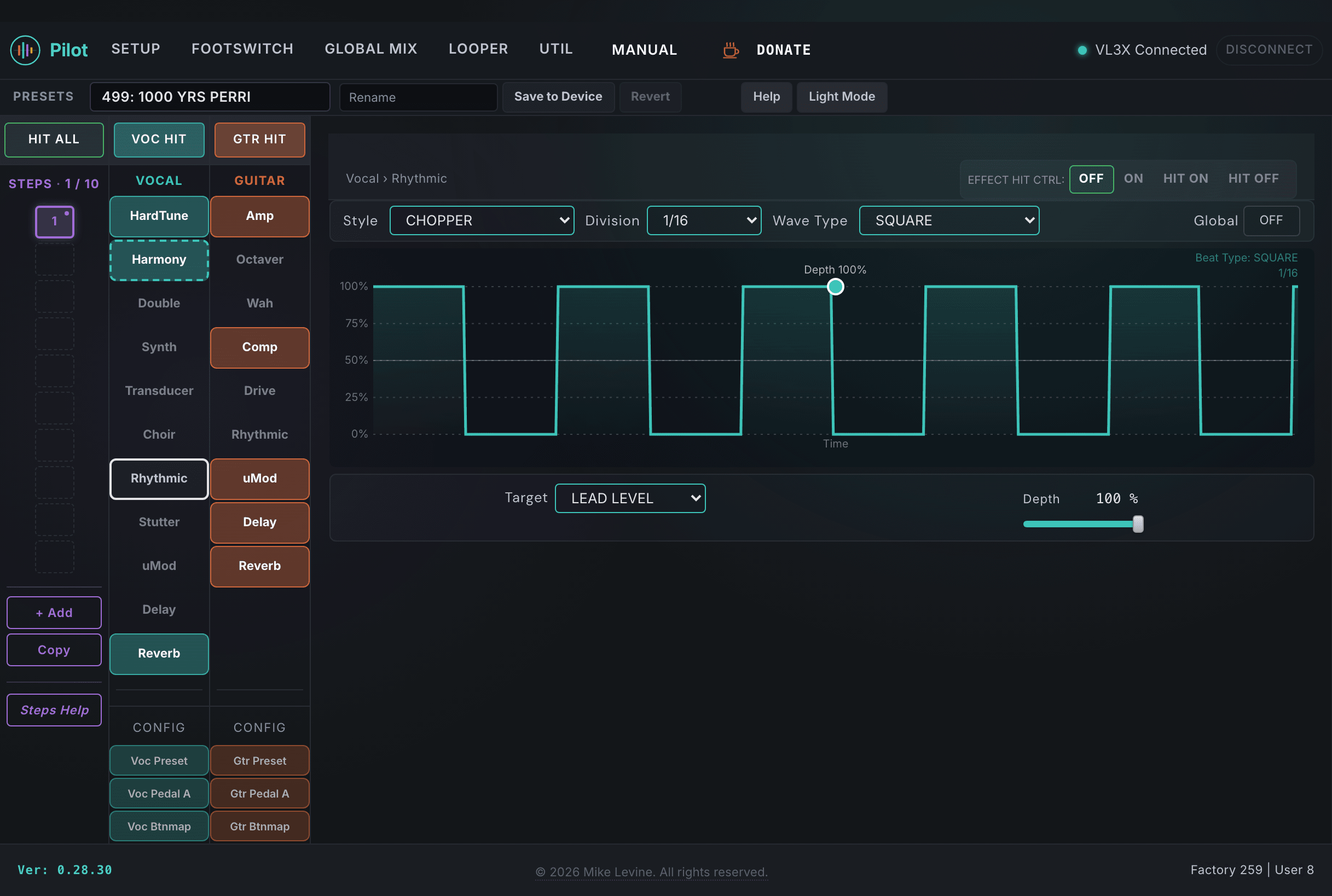 Pilot Rhythmic view showing type, division, target, depth, and waveform controls