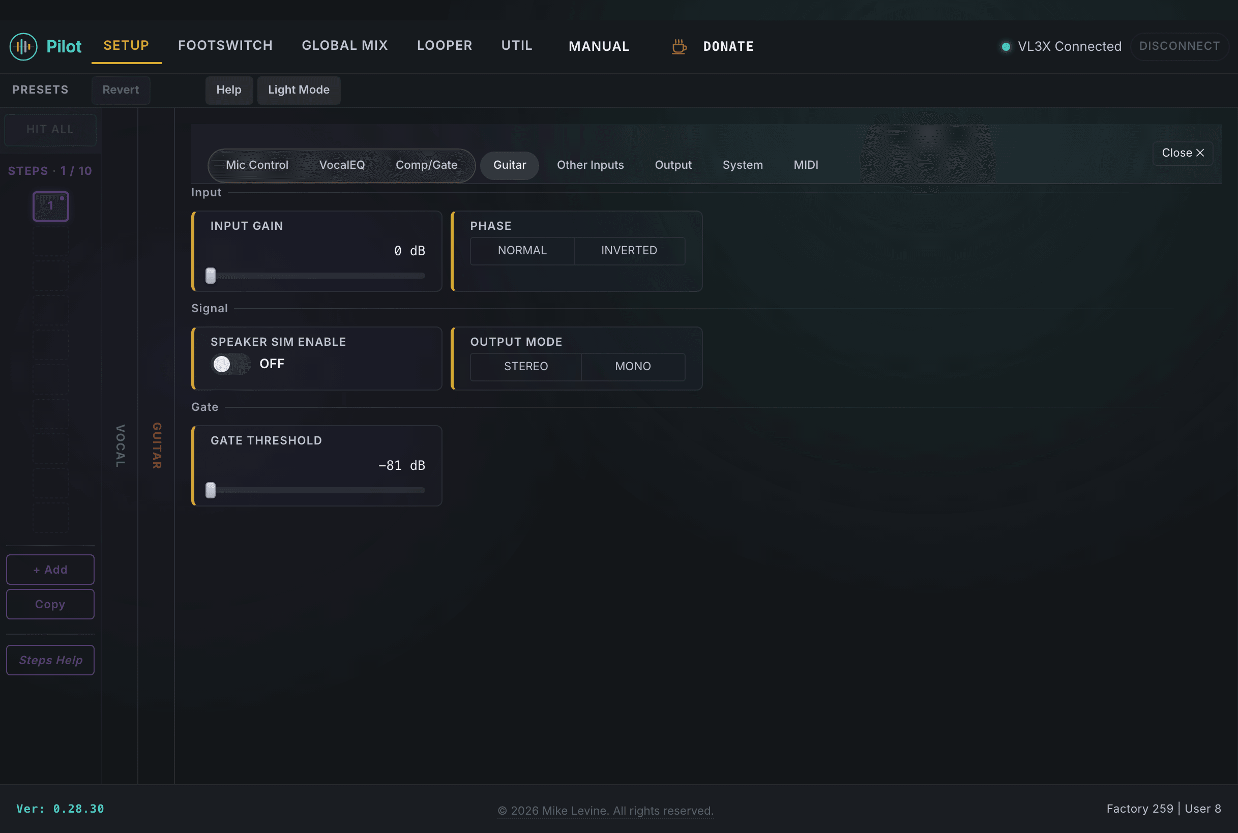 Pilot Setup Guitar view showing input gain, phase, gate, speaker sim, and output mode controls