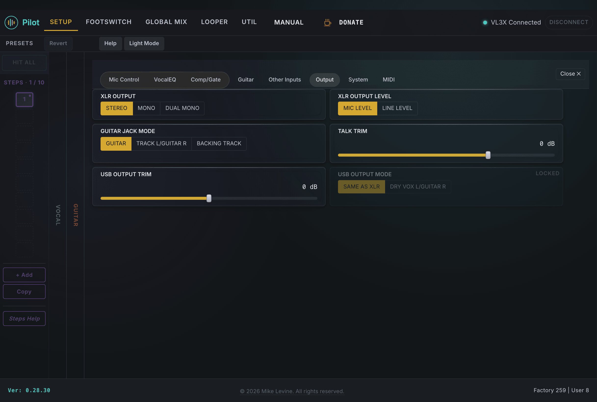 Pilot Setup Output view showing XLR output source, level, guitar jack mode, and USB trim controls