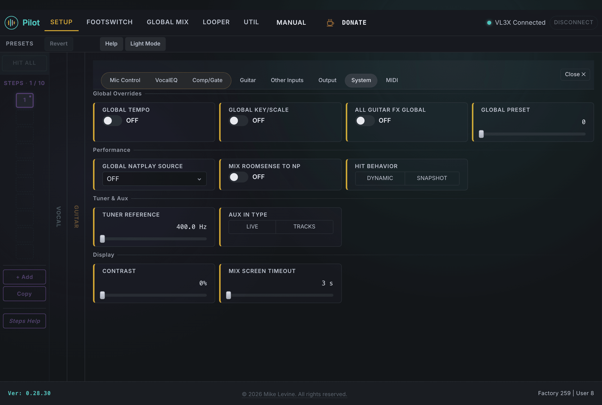 Pilot Setup System view showing global tempo, key/scale, guitar FX, and tuner reference controls