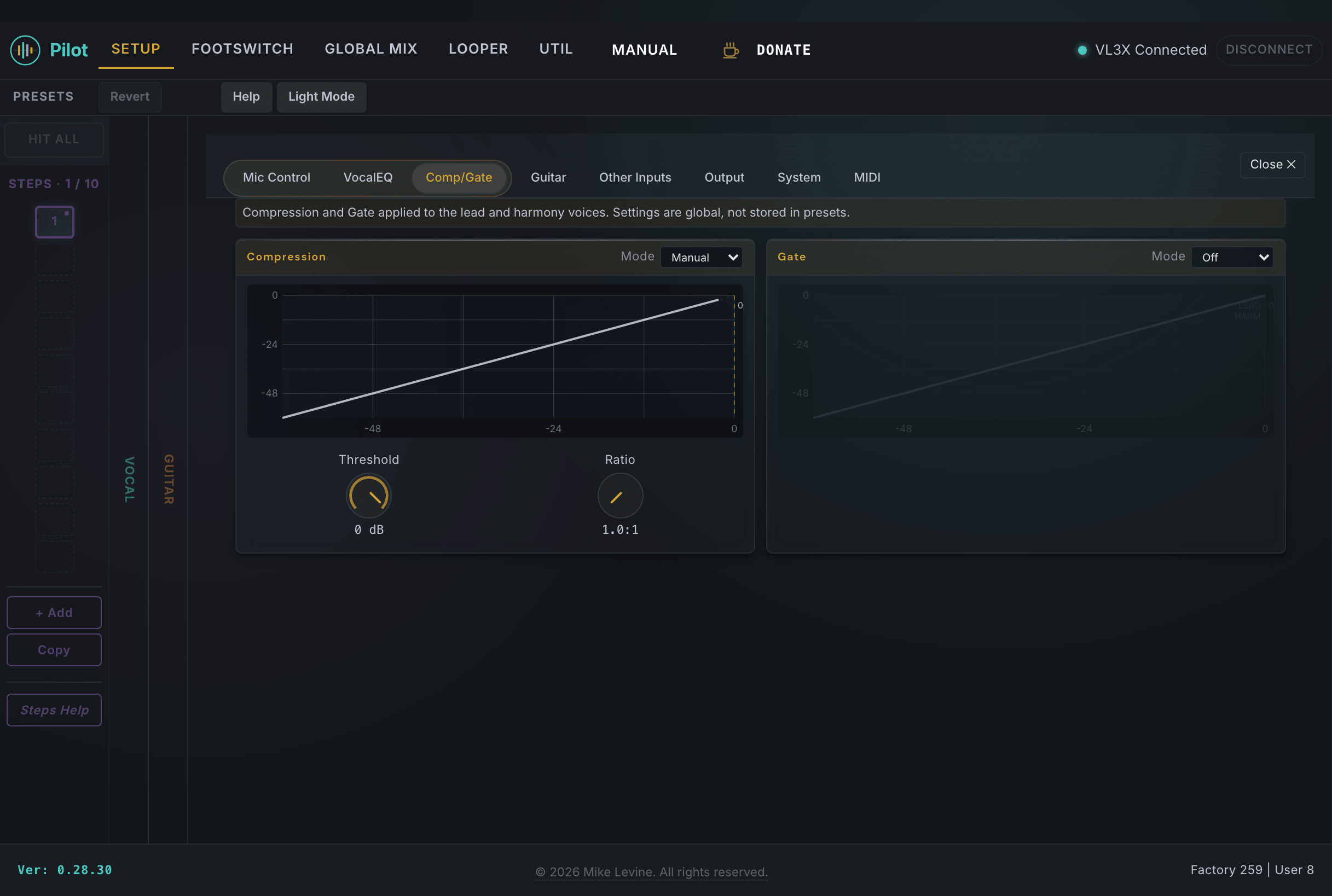 Pilot Setup Comp/Gate view in Adaptive mode showing Compress knob and Gate threshold