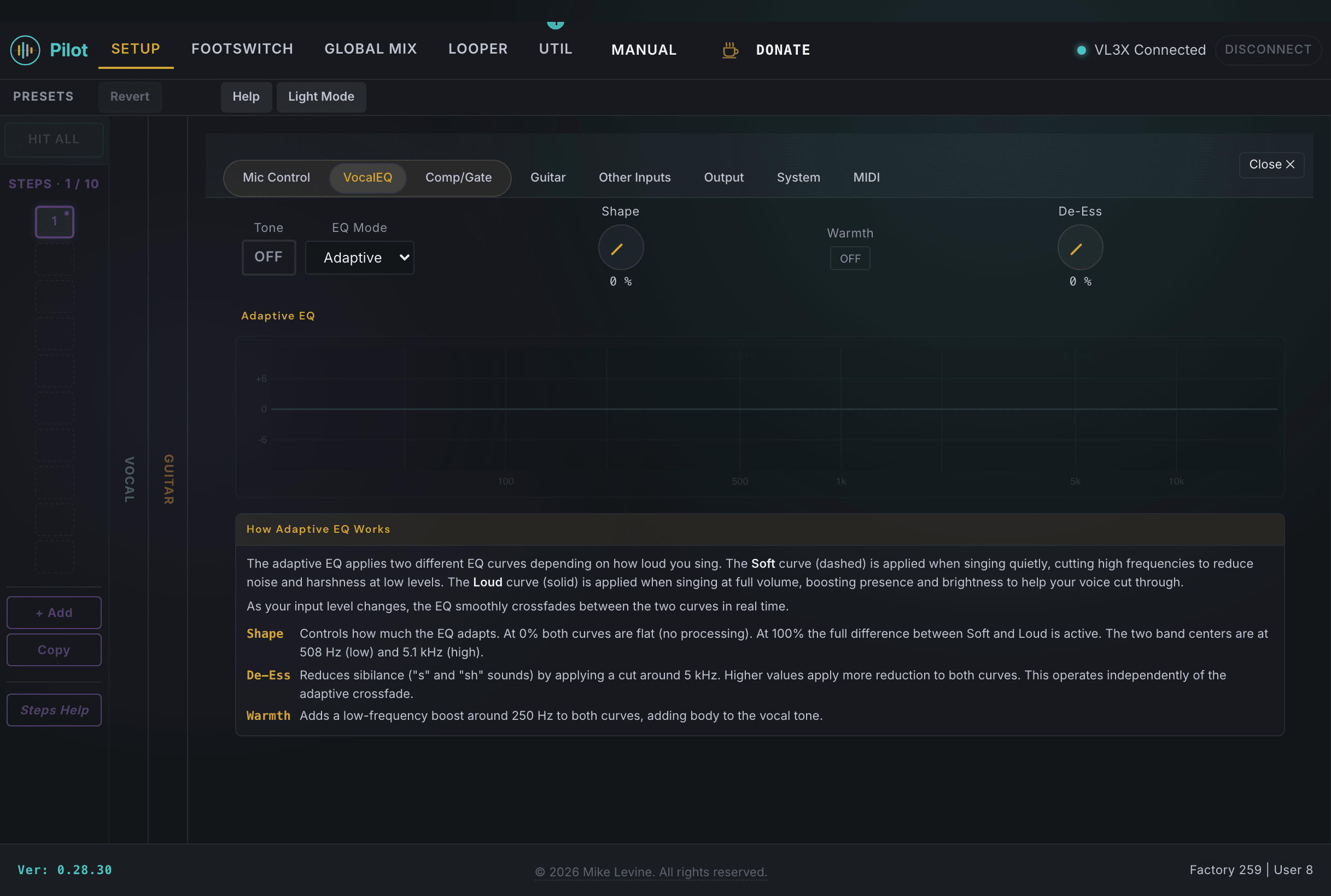 VocalEQ in Adaptive mode showing Shape and Warmth knobs, adaptive EQ curve with Soft and Loud responses
