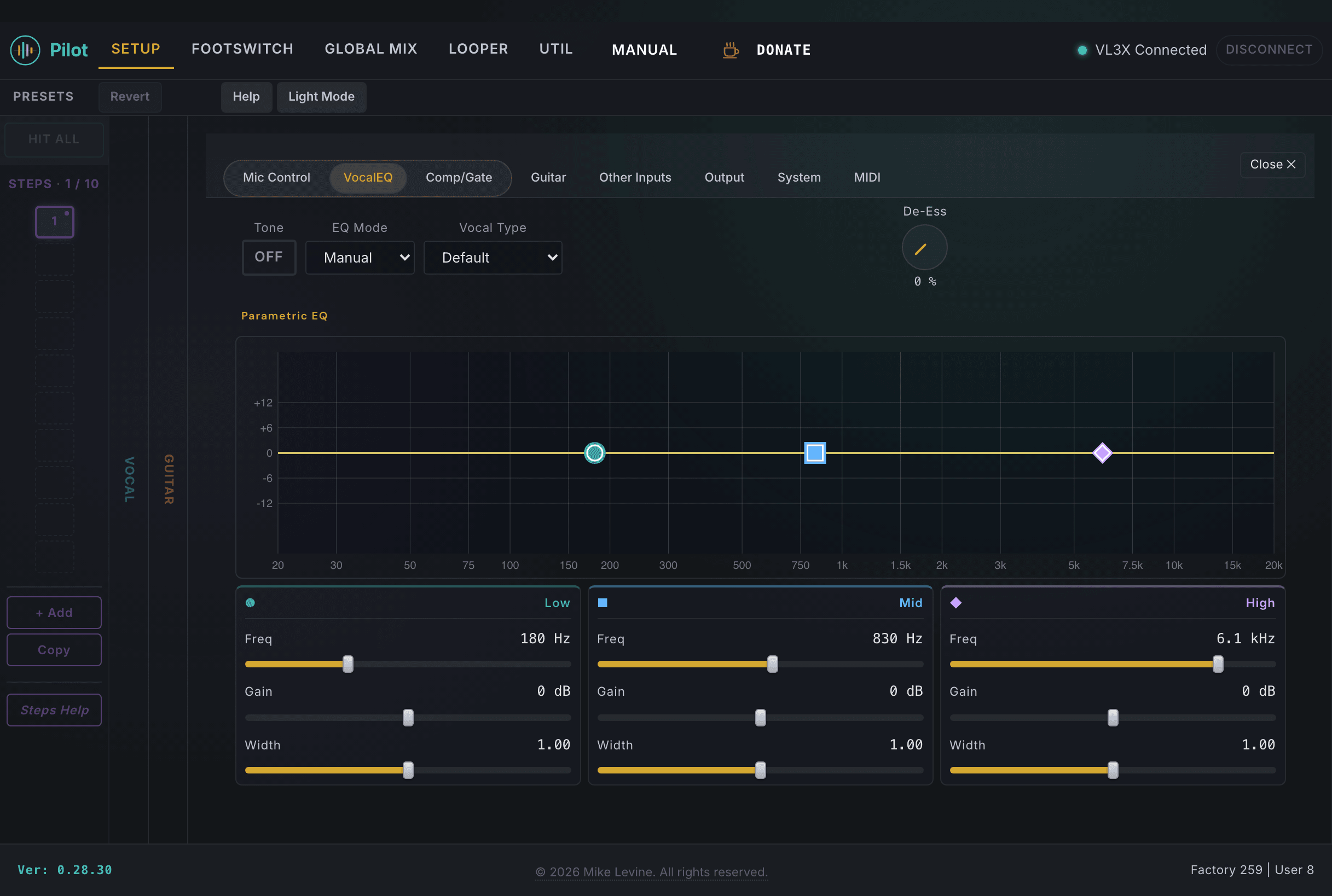 VocalEQ in Manual mode showing Tone, EQ Mode, Vocal Type selector, De-Ess knob, and three-band parametric EQ with frequency curve