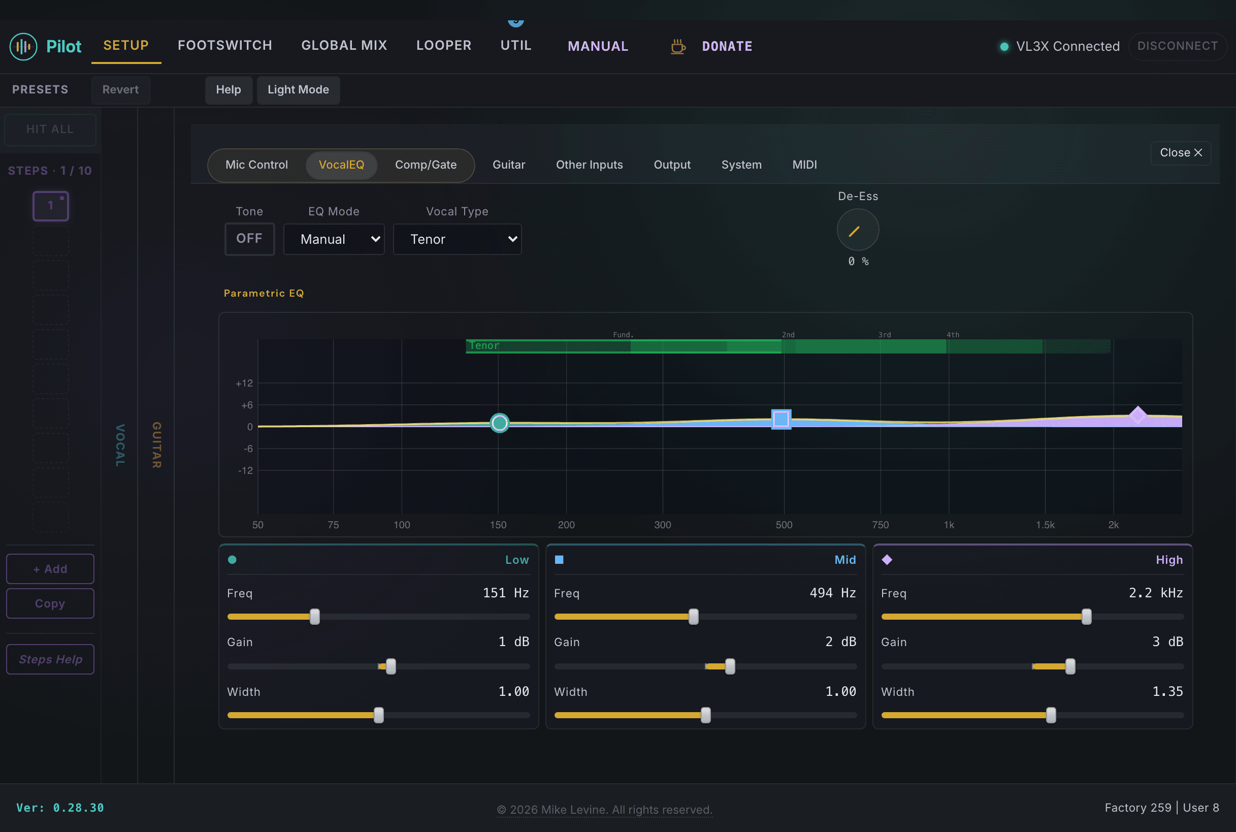 VocalEQ with Tenor vocal type selected, showing vocal range overlay with harmonic bands and repositioned EQ nodes