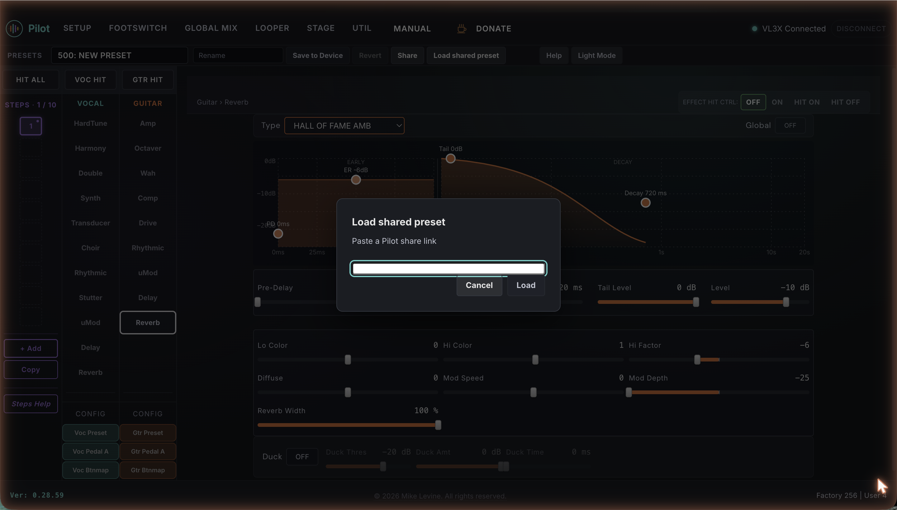 Pilot Load shared preset dialog with a field to paste a Pilot share link
