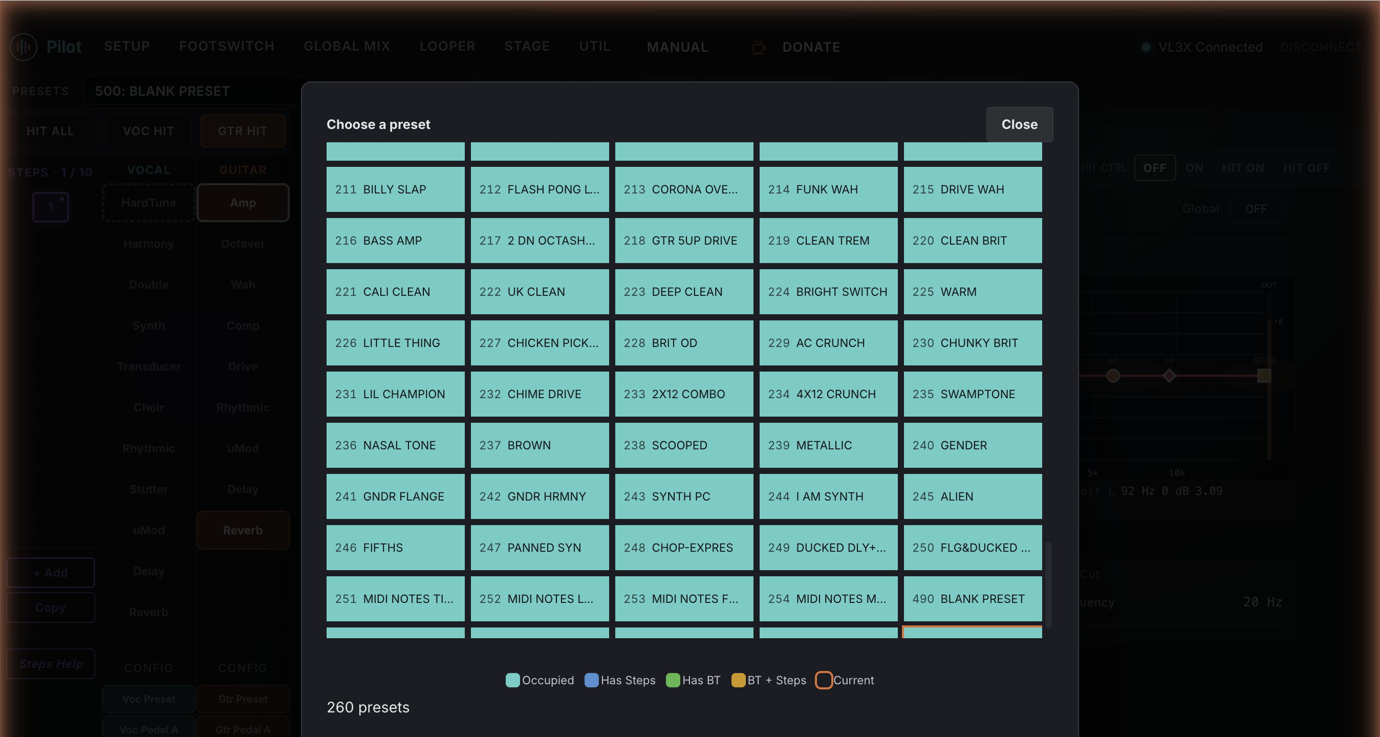 Pilot preset grid titled Choose a preset, used to pick which slot to install the shared preset into