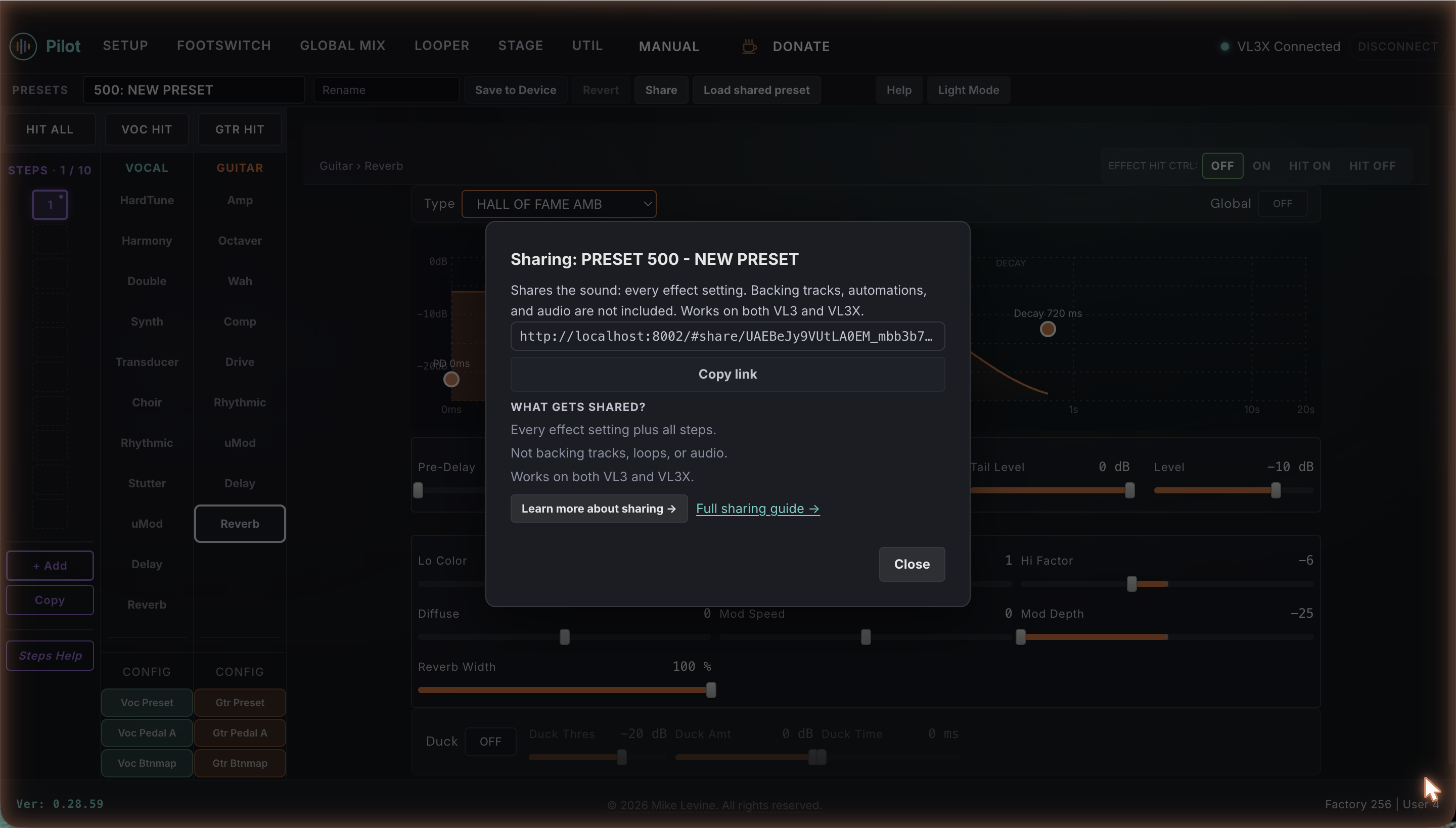 Pilot Share window showing the preset name, the share link, a Copy link button, and a summary of what gets shared