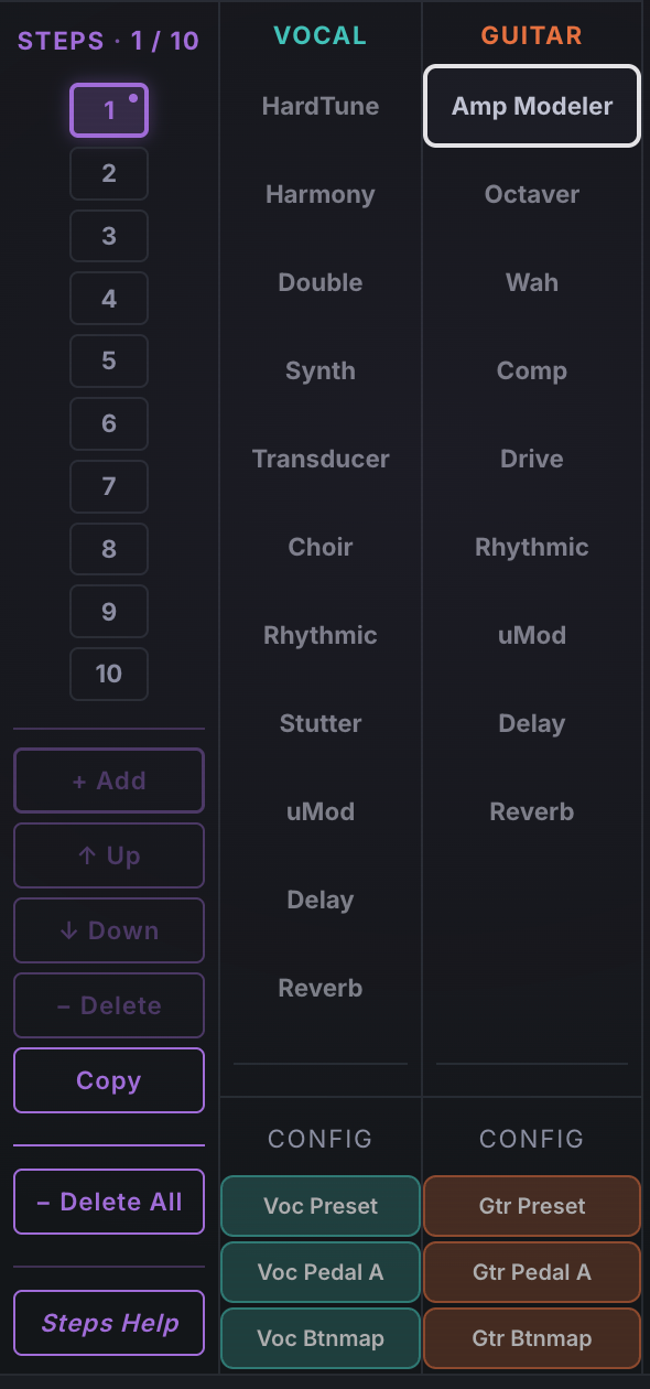 Pilot editor showing the step rail in the left sidebar: a preset holding all 10 steps with Step 1 active. The five action buttons render in fixed order as Add, Up, Down, Delete, Copy. Add is dimmed because the preset already holds 10 steps, and Up, Down and Delete are dimmed because Step 1 is the master step. Copy, Delete All and Steps Help are available.