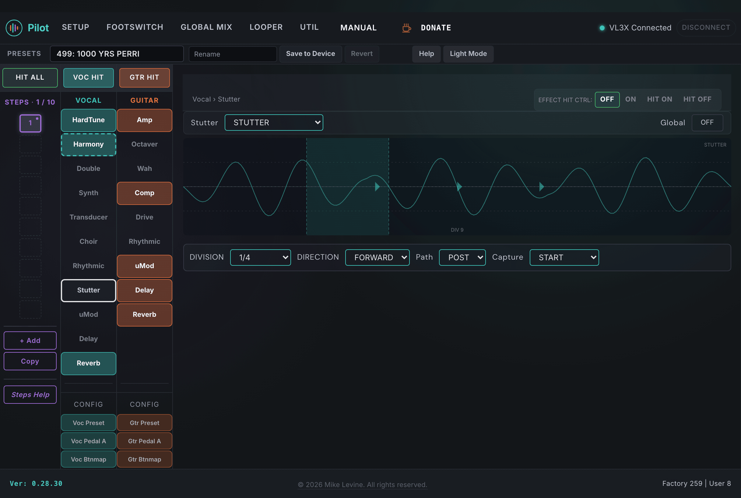 Pilot Stutter view showing type, division, capture, direction, and path controls