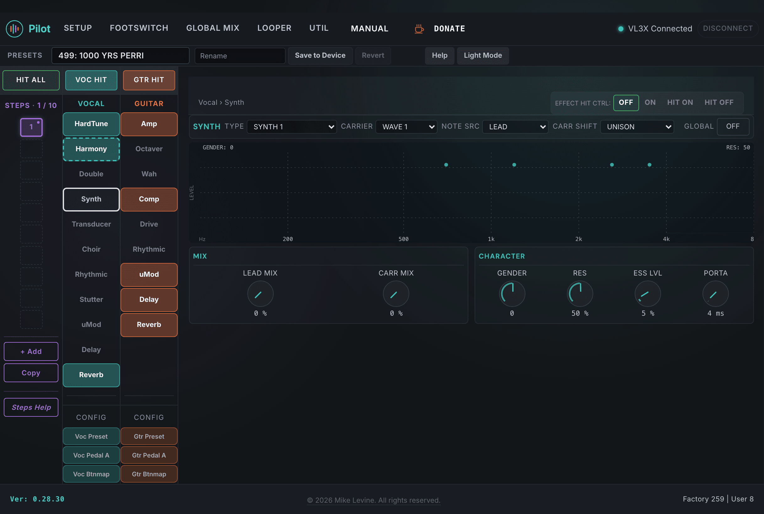 Pilot Synth view showing type, lead mix, carrier, and modulation controls