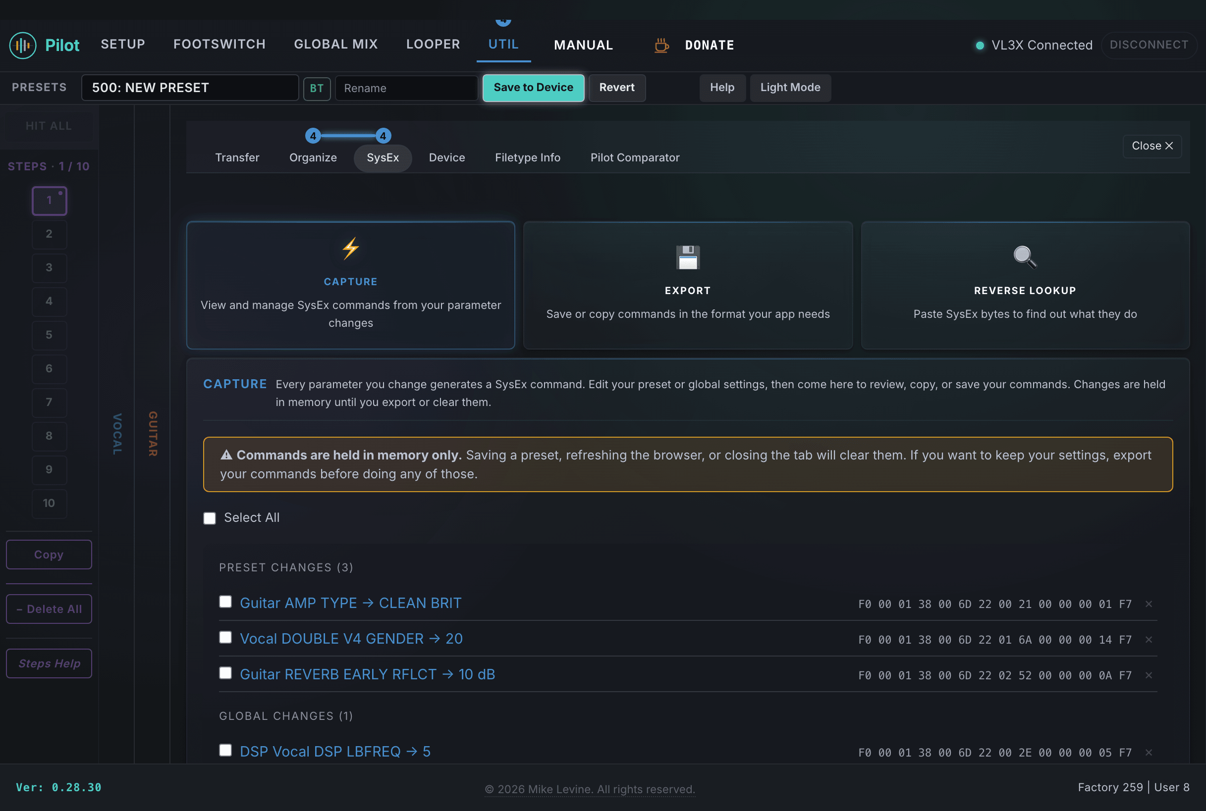 Capture card with several captured commands organized into Preset Changes and Global Changes sections