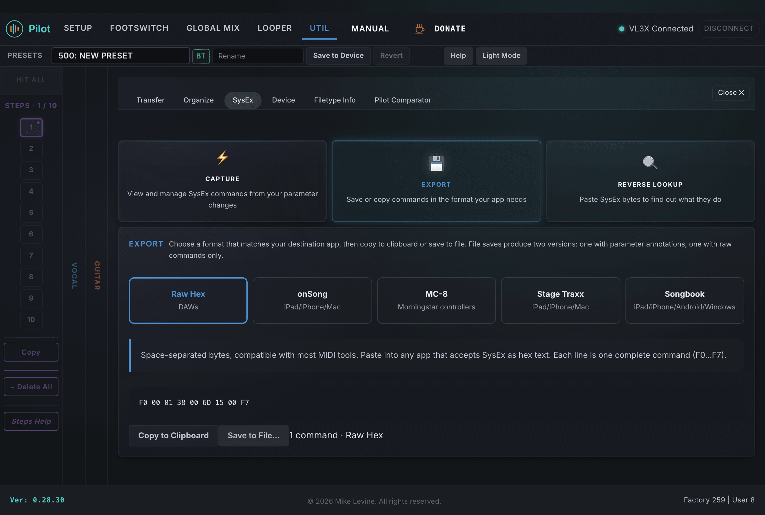 Export card showing format selector grid, guidance text, formatted preview, and action buttons