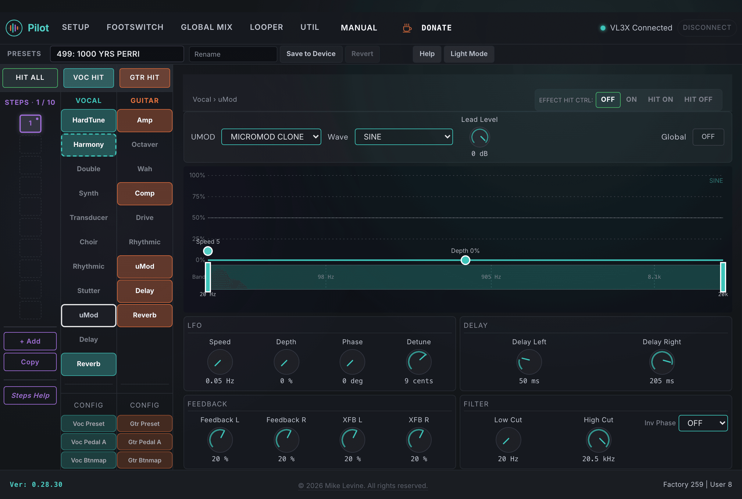 Pilot uMod view showing type, speed, depth, phase, waveform, delay, and feedback controls