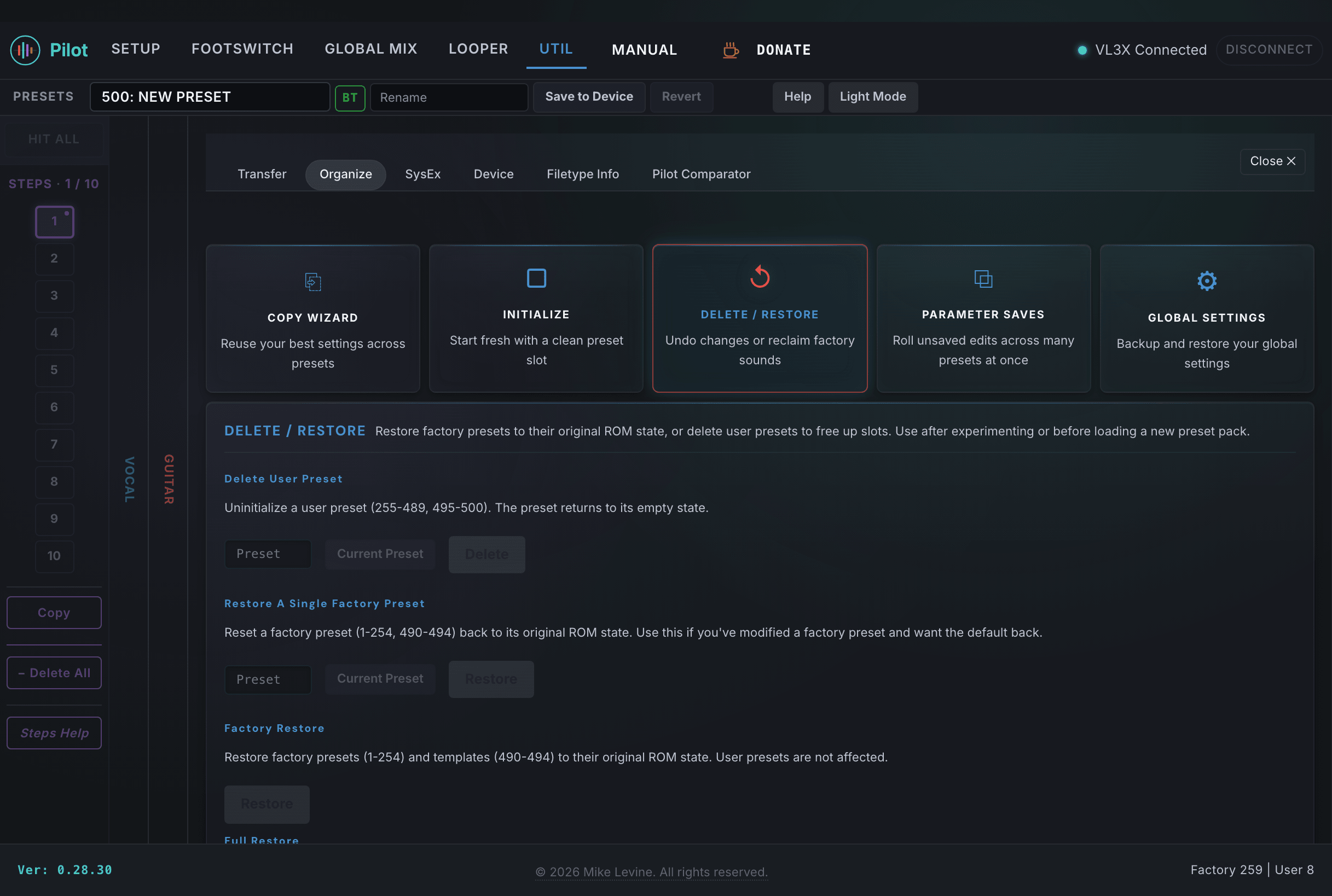 Delete/Restore panel showing Delete User Preset, Restore Single Factory, Factory Restore, and Full Restore sections