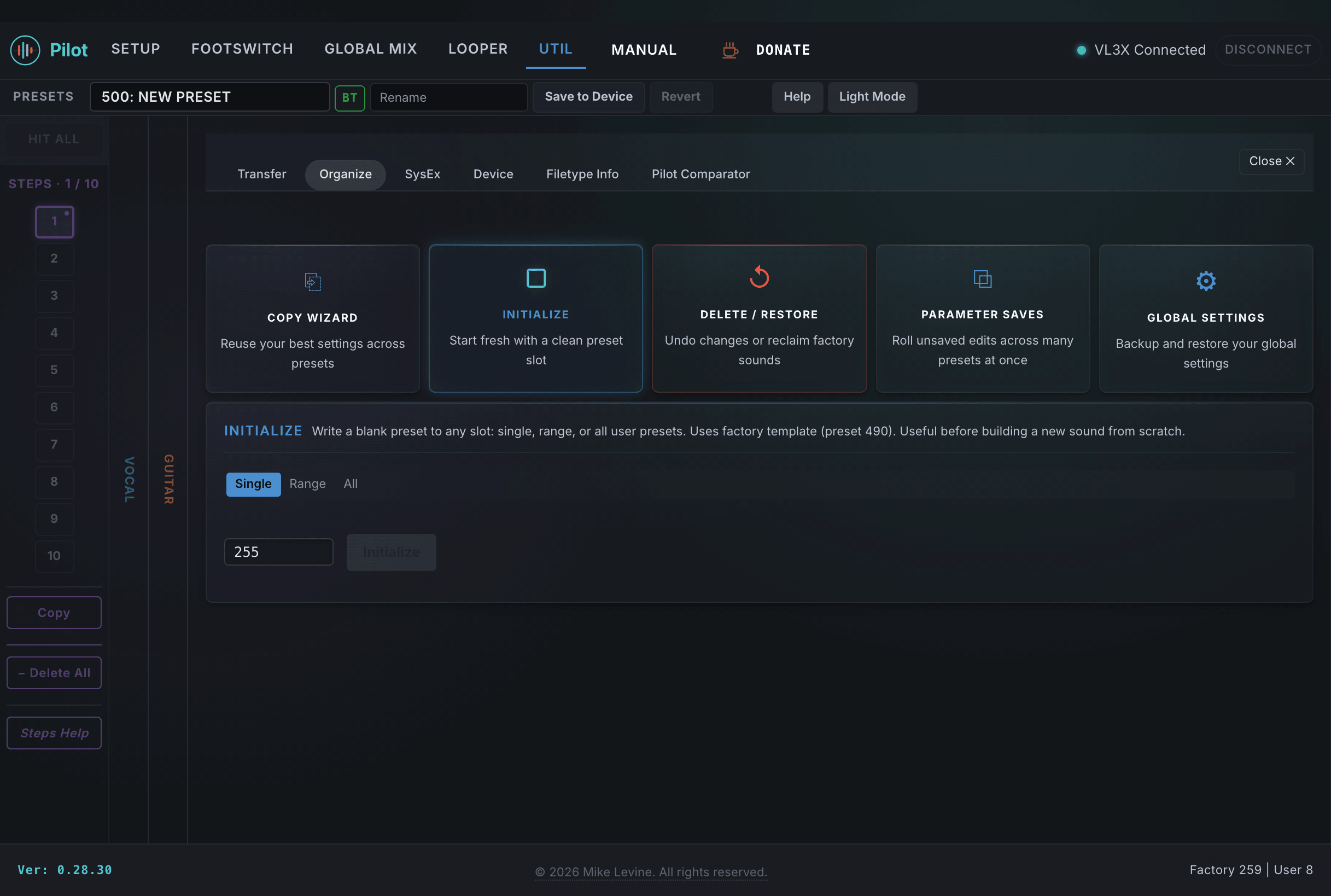 Initialize panel showing Single, Range, and All mode tabs