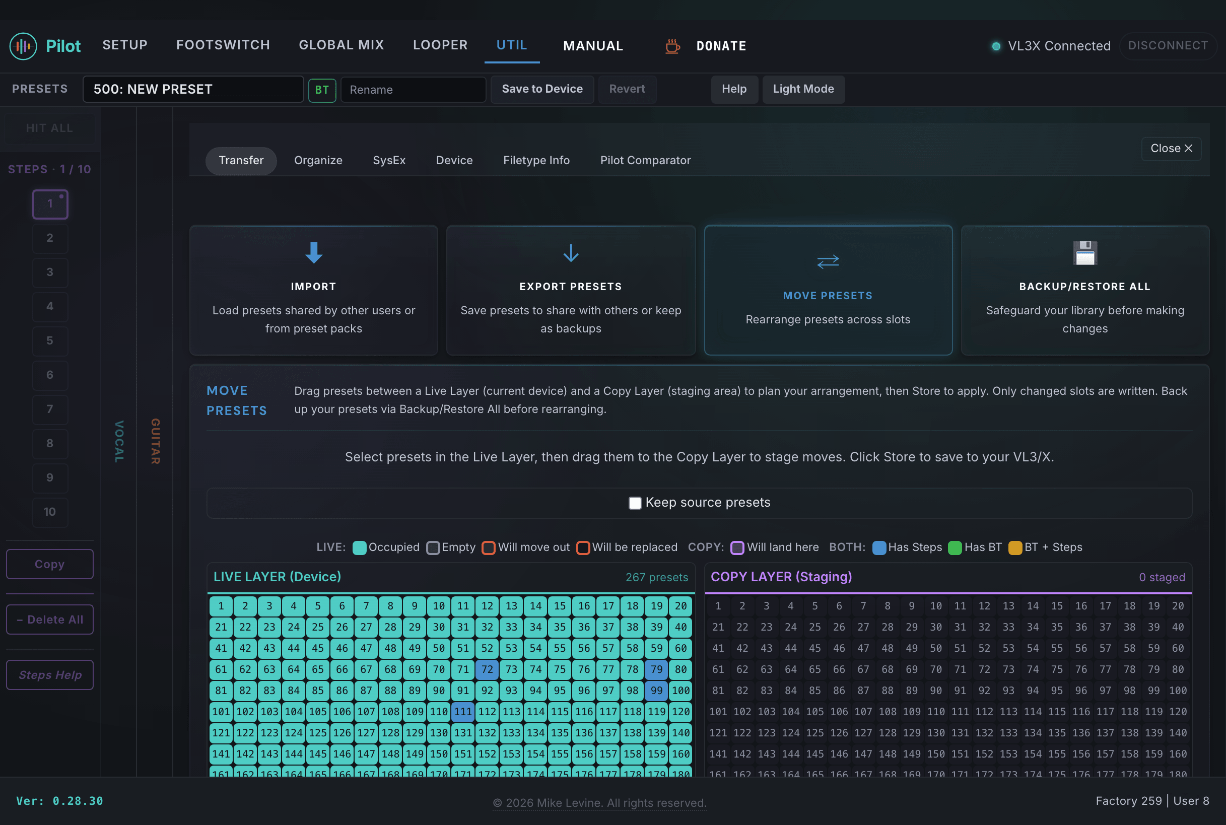 Move Presets dual-grid interface under the Transfer tab showing Live Layer and Copy Layer with color-coded slot states