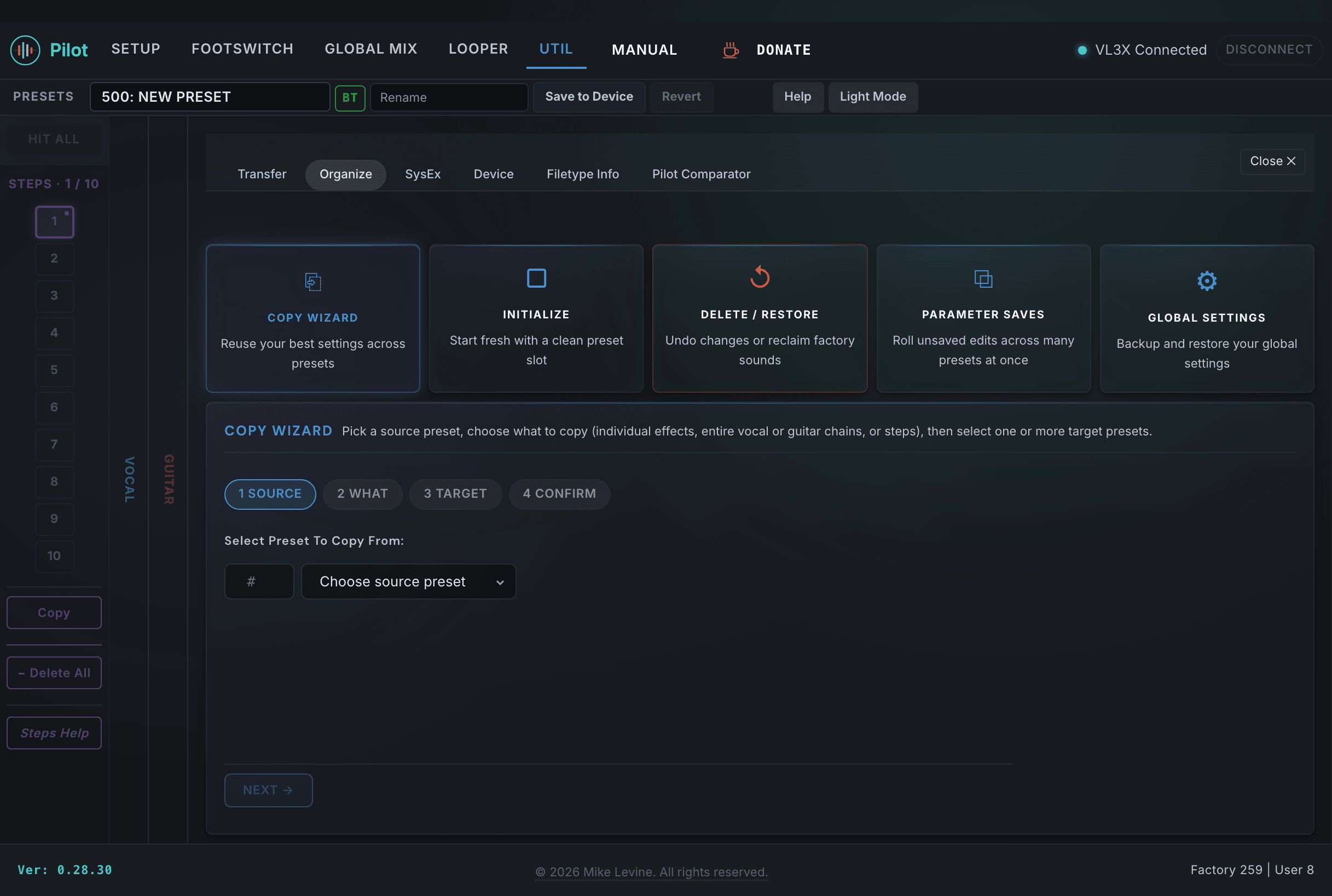 Pilot Organize tab showing Copy Wizard, Initialize, Delete/Restore, Parameter Saves, and Global Settings cards with Copy Wizard Step 1 open