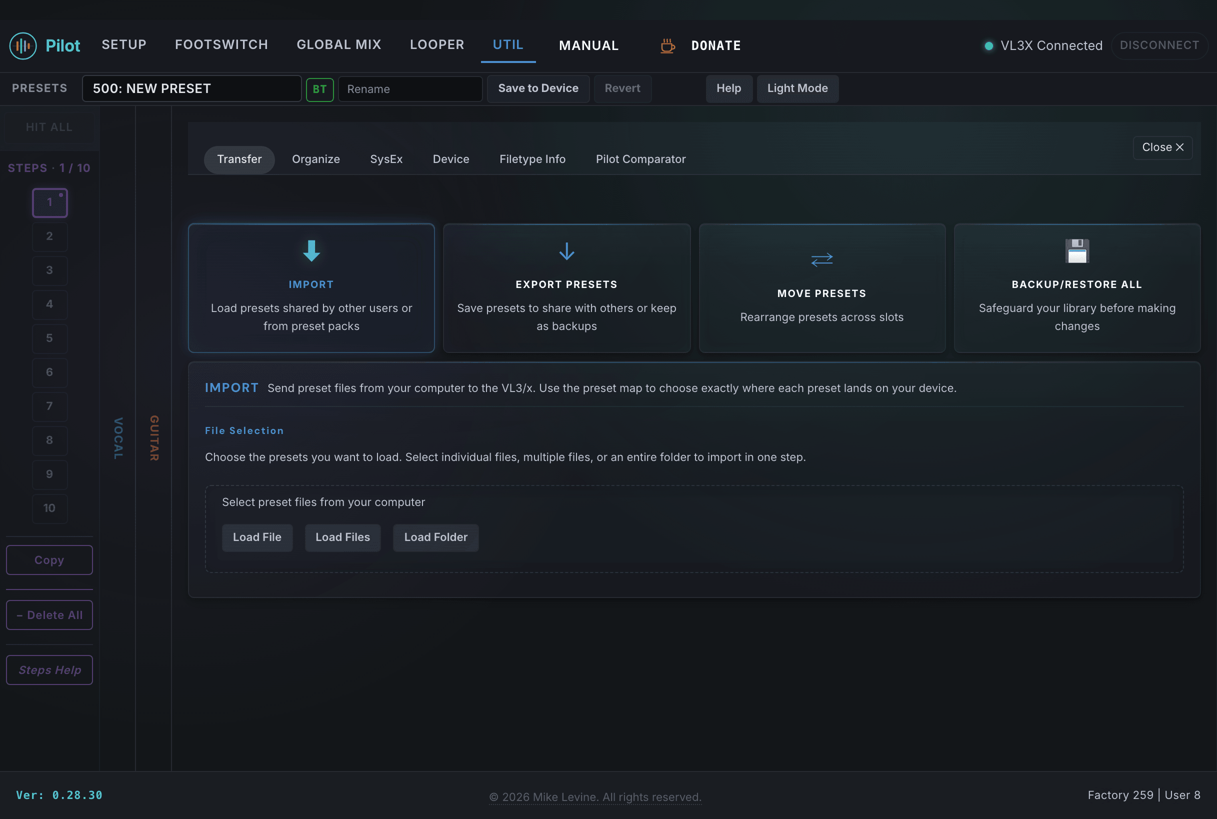 Pilot Transfer tab showing Import, Export Presets, Move Presets, and Backup/Restore All cards with the Import detail panel open