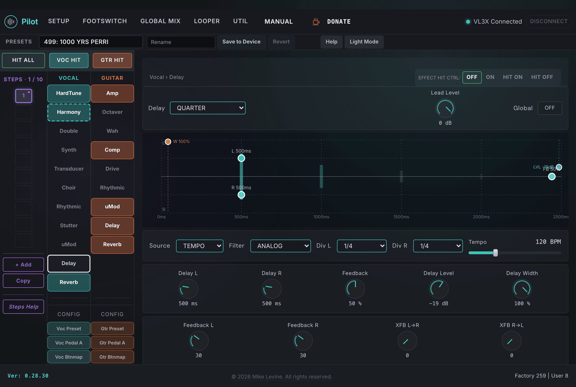 Pilot Vocal Delay view showing type, source, tempo, division, delay time, feedback, and send routing controls
