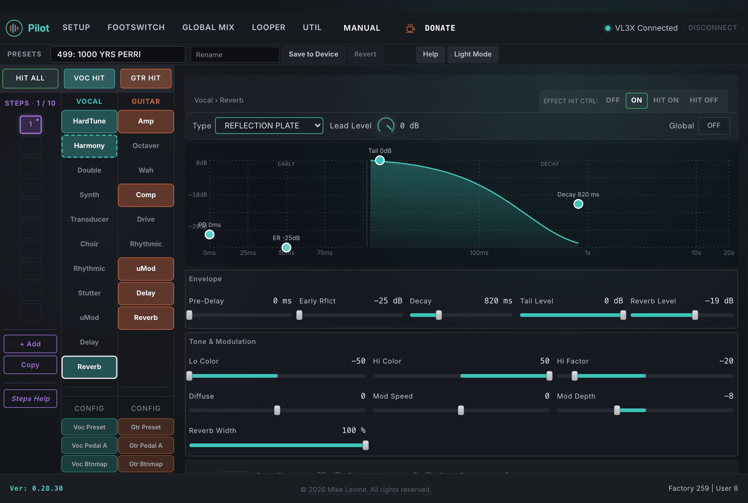Pilot Vocal Reverb view showing type, decay, predelay, color, diffuse, modulation, and send routing controls